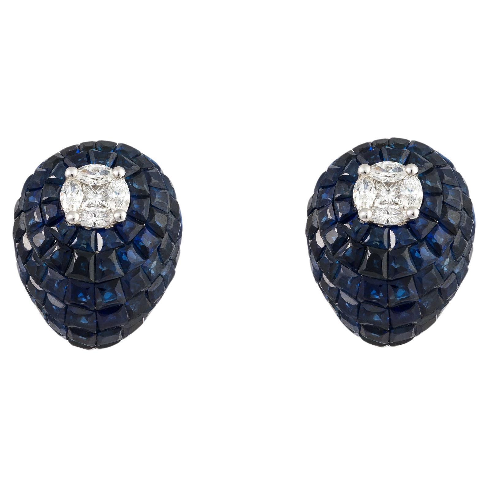 NWT $20, 800 18KT Gold Rare Gorgeous Blue Sapphire Diamond Bombe Earrings