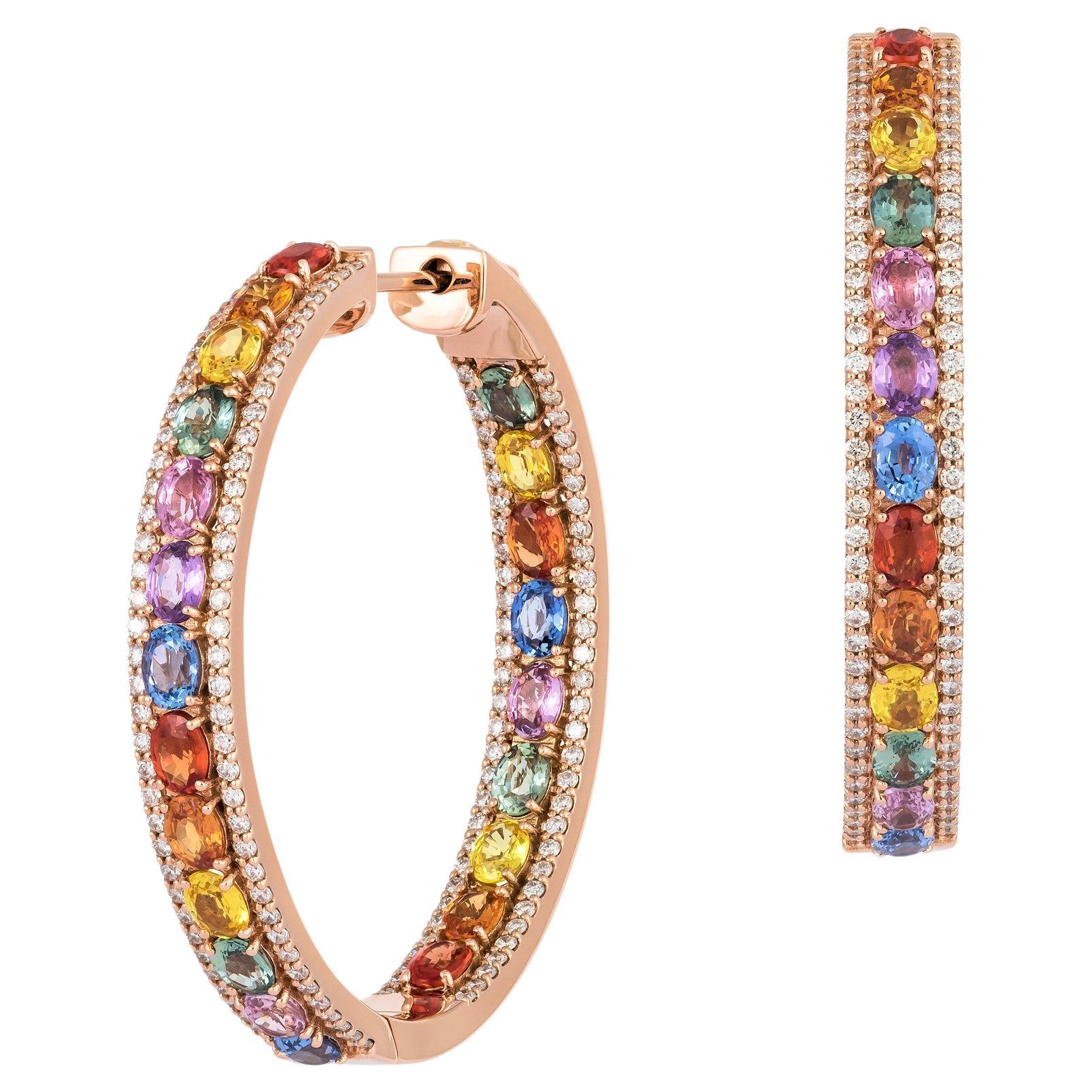 NWT $20, 000 18KT Gold Fancy Glittering Rainbow Sapphire Diamond Hoop Earrings
