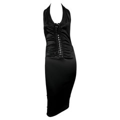 NWT 2000s Dolce & Gabbana Black Corset Lace-Up Bodycon Halter Dress