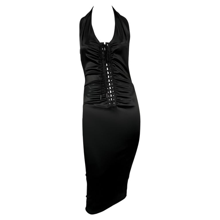 NWT 2000s Dolce & Gabbana Black Corset Lace-Up Bodycon Halter Dress