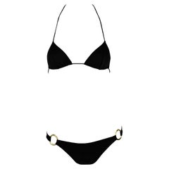 NWT 2000s Dolce & Gabbana Gold Ring Logo Black Stretch Bikini Swim Set