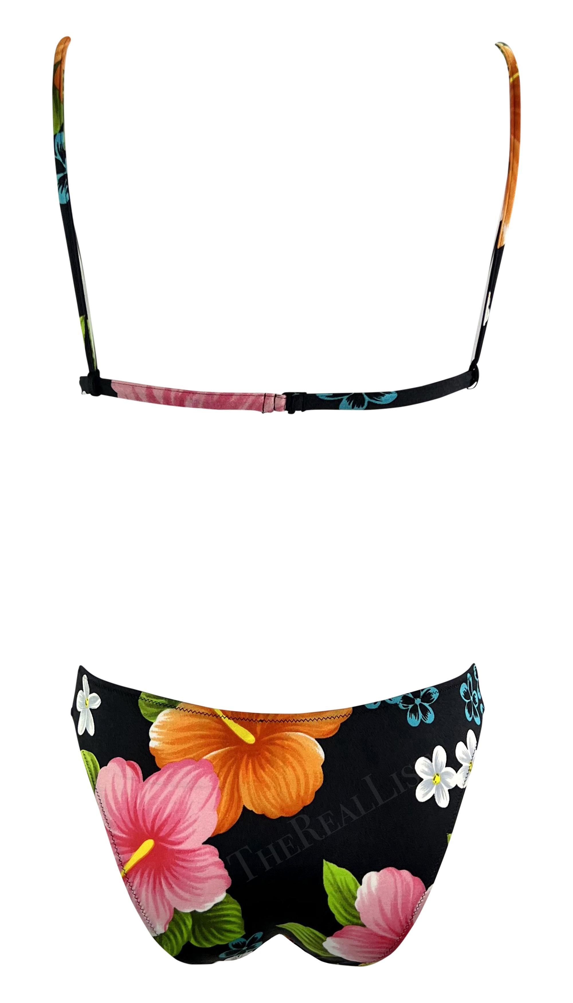 Women's NWT 2000s Dolce & Gabbana Hibiscus Print 3 Piece Black Bikini Sarong Skirt Set