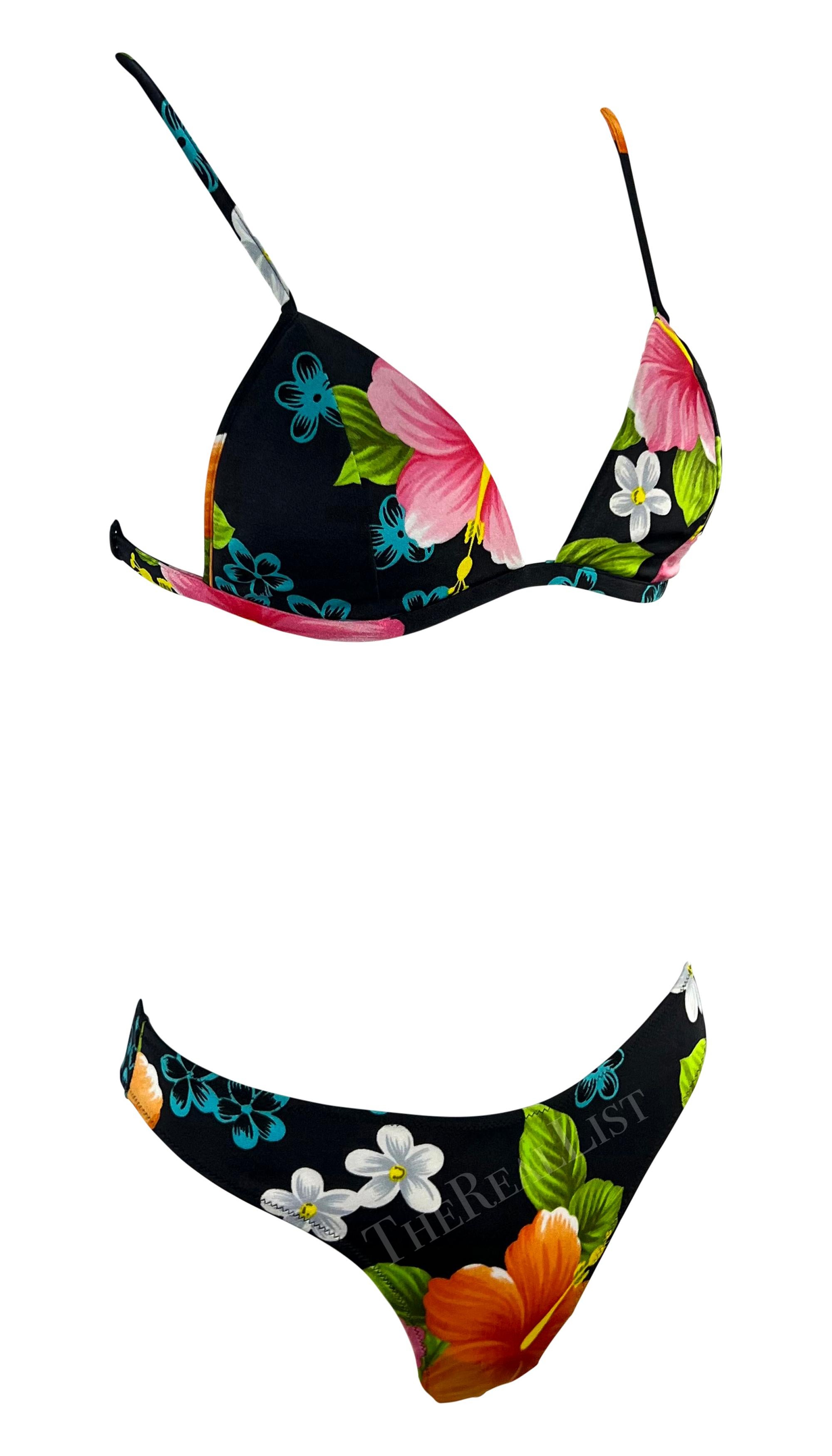 NWT 2000s Dolce & Gabbana Hibiscus Print 3 Piece Black Bikini Sarong Skirt Set 1