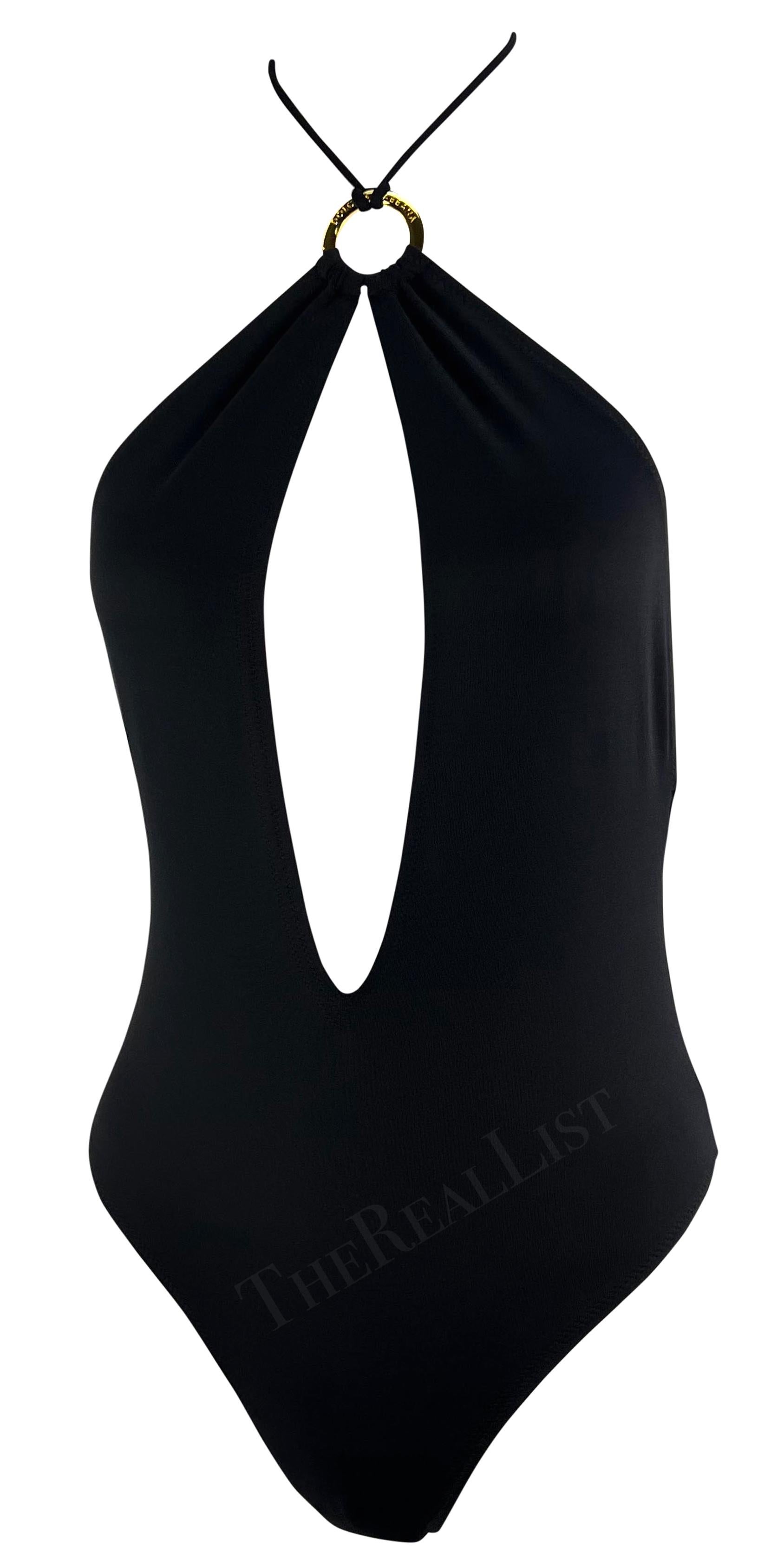 Black NWT 2000s Dolce & Gabbana Ring Logo Plunging Halter Neck One-Piece Swimsuit For Sale