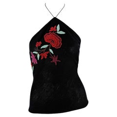 NWT 2000s Emanuel Ungaro Floral Embroidered Black Knit Halter Top