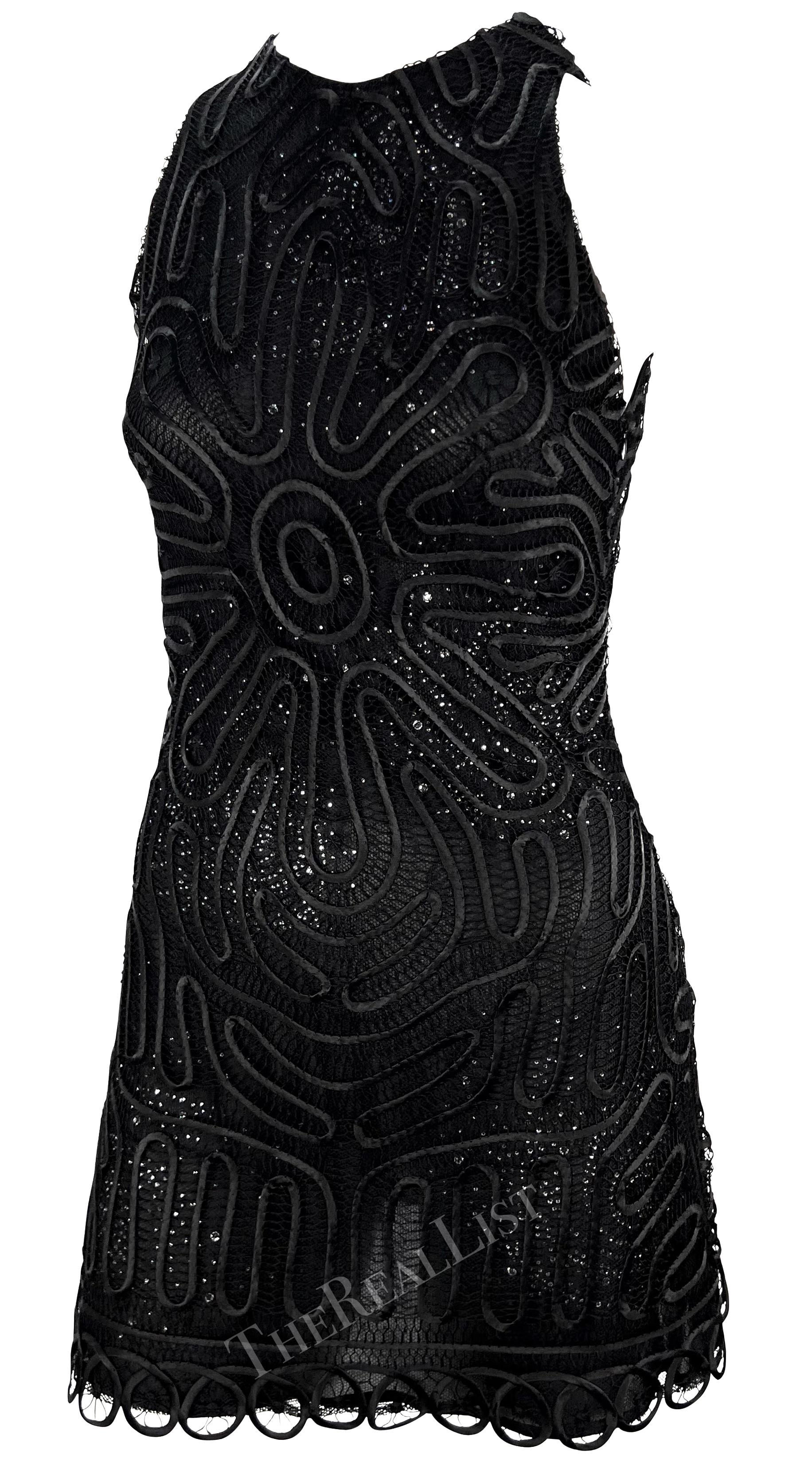 Women's NWT 2000s Gianni Versace by Donatella Sheer Rhinestone Lace Black Mini Dress For Sale