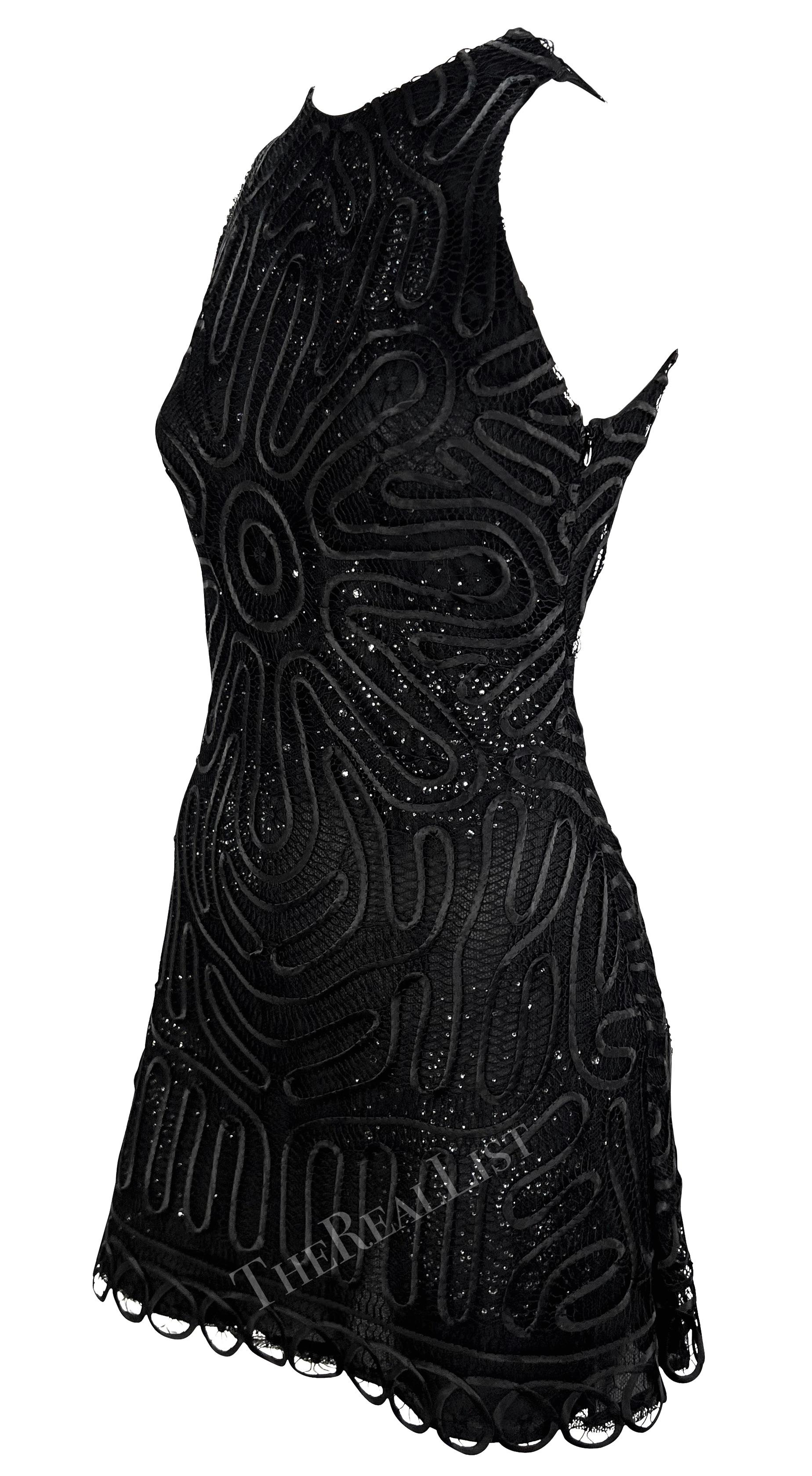 NWT 2000s Gianni Versace by Donatella Sheer Rhinestone Lace Black Mini Dress For Sale 1
