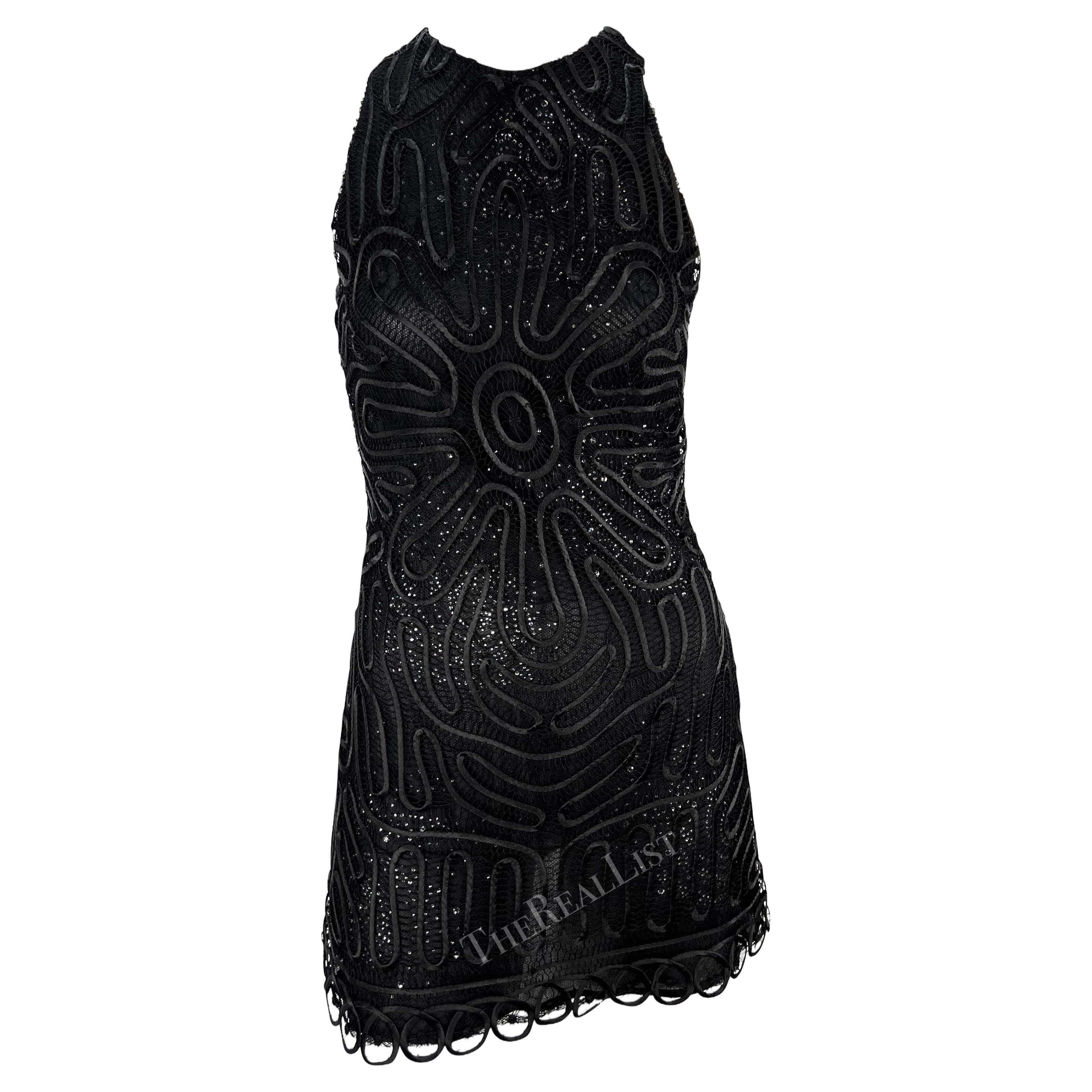 NWT 2000s Gianni Versace by Donatella Sheer Rhinestone Lace Black Mini Dress For Sale