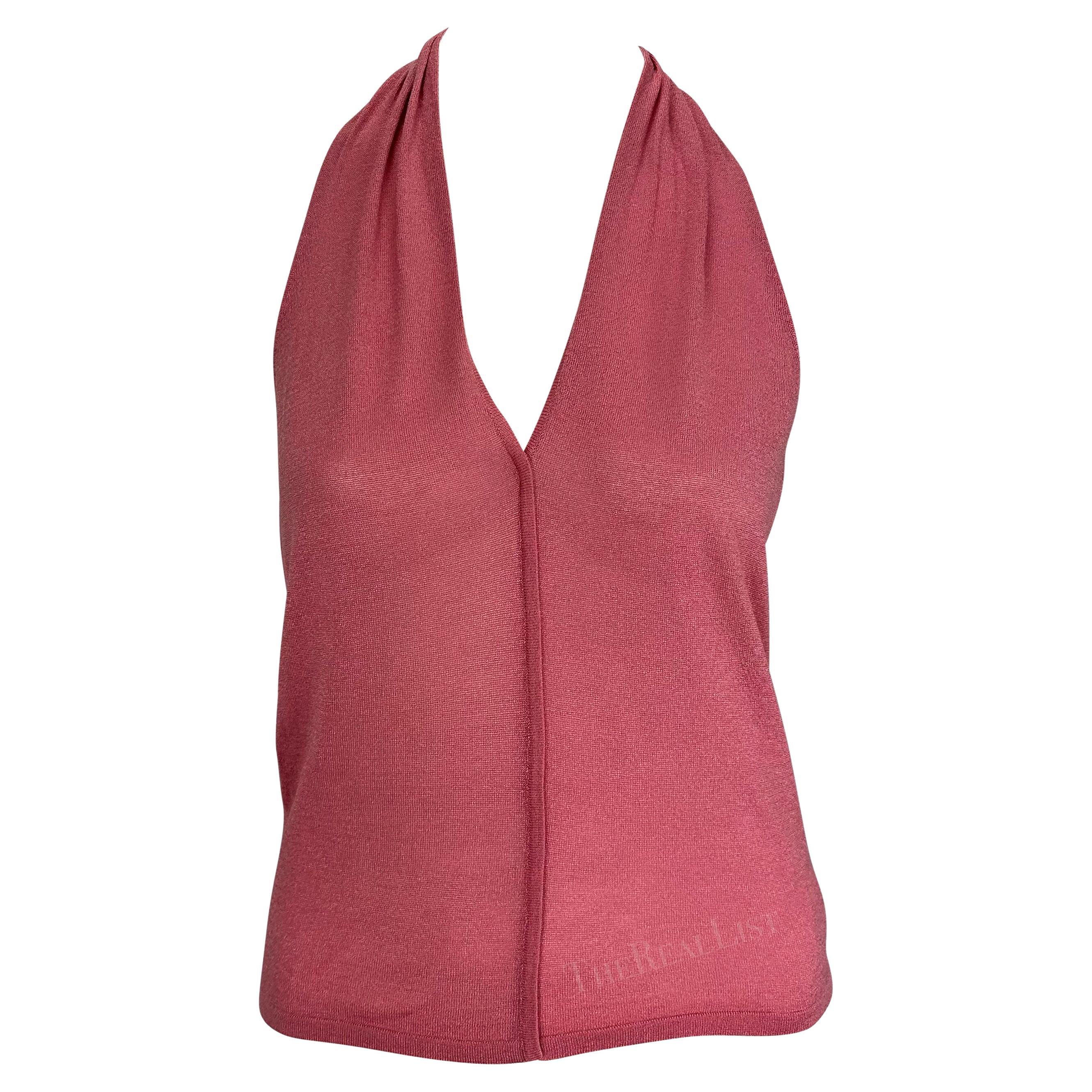 NWT 2000s Gucci by Tom Ford Pink Sheer Knit Halter Neck Tie Backless Top In Excellent Condition For Sale In West Hollywood, CA