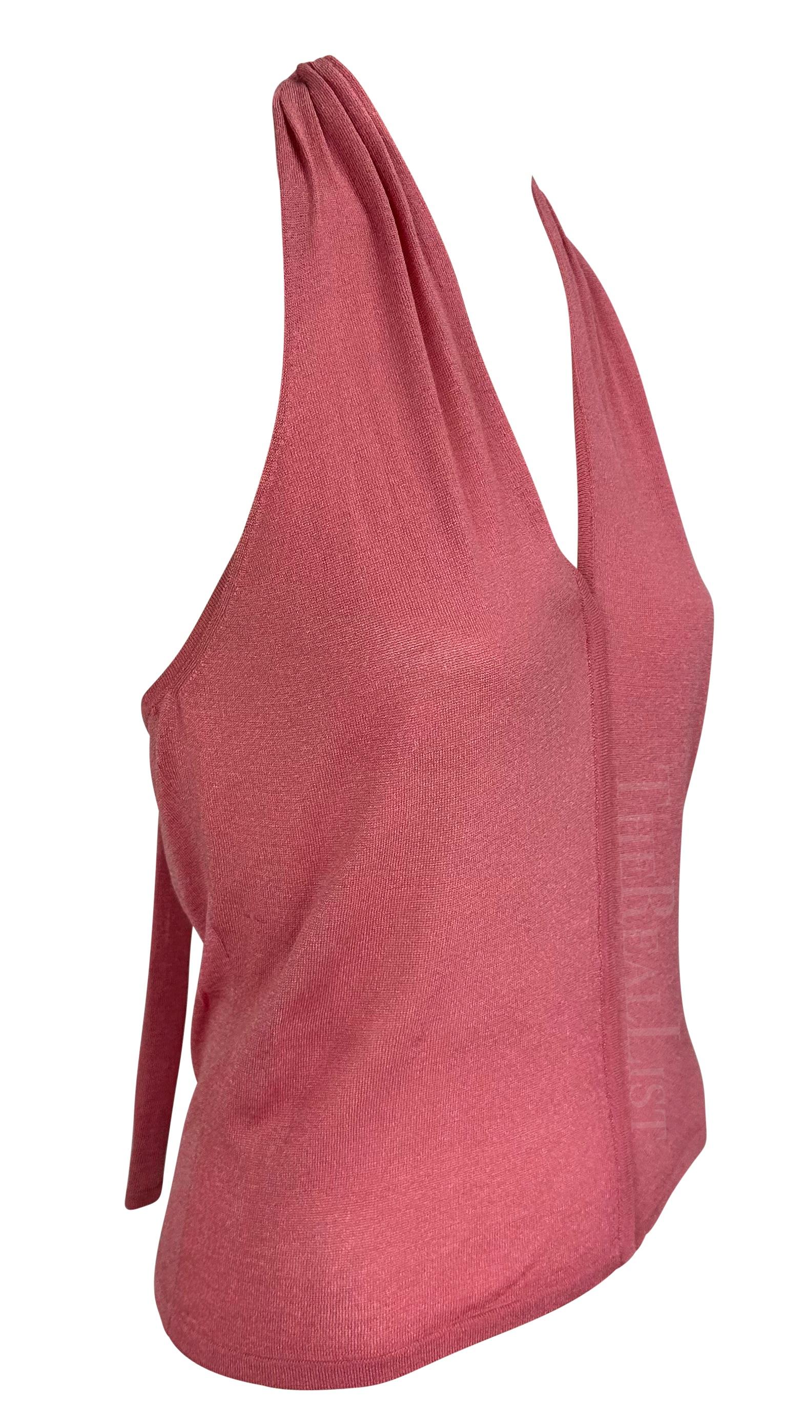 Women's NWT 2000s Gucci by Tom Ford Pink Sheer Knit Halter Neck Tie Backless Top For Sale