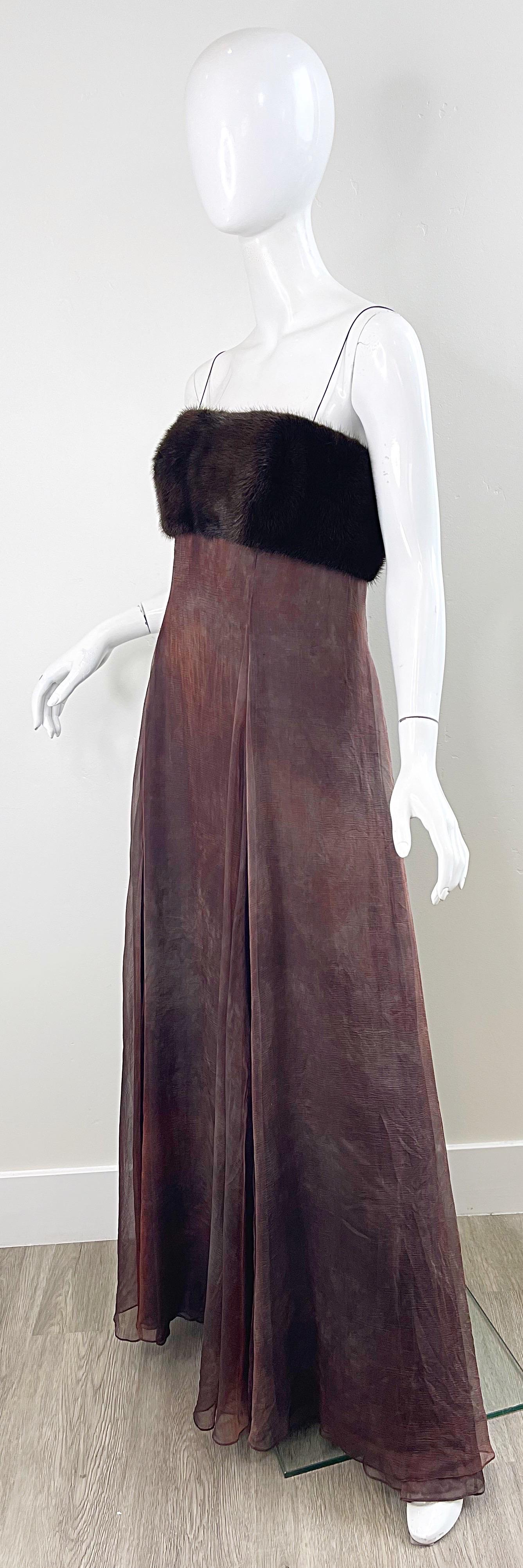 NWT 2000s Halston Brown Ombré Silk Chiffon Mink Trimmed Size 2 / 4 Y2K Gown  For Sale 6