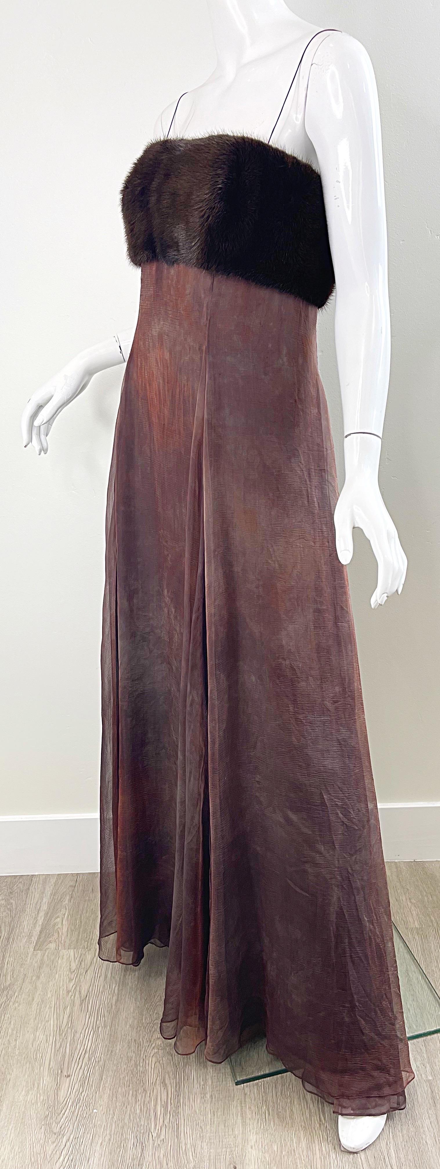 NWT 2000s Halston Brown Ombré Silk Chiffon Mink Trimmed Size 2 / 4 Y2K Gown  For Sale 7