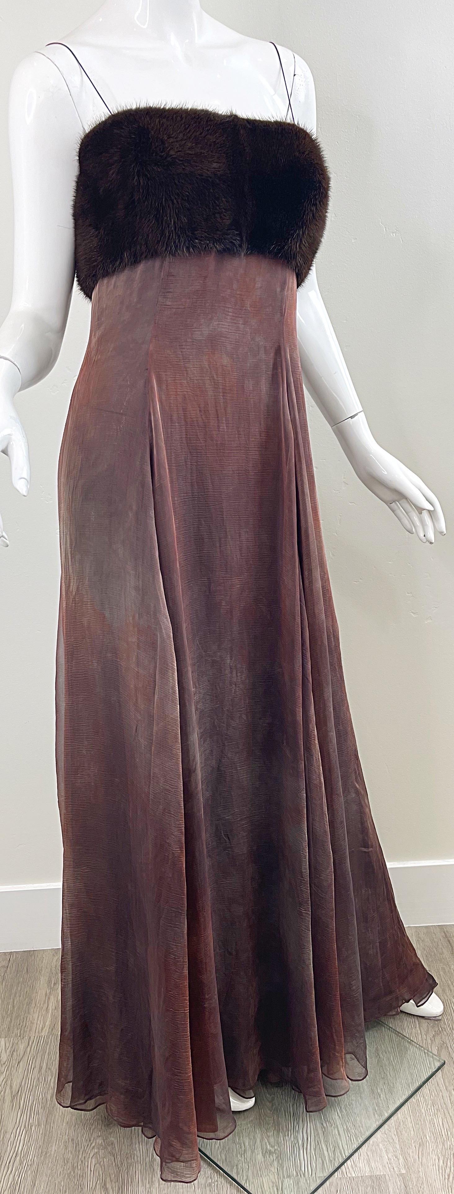 NWT 2000s Halston Brown Ombré Silk Chiffon Mink Trimmed Size 2 / 4 Y2K Gown  For Sale 8