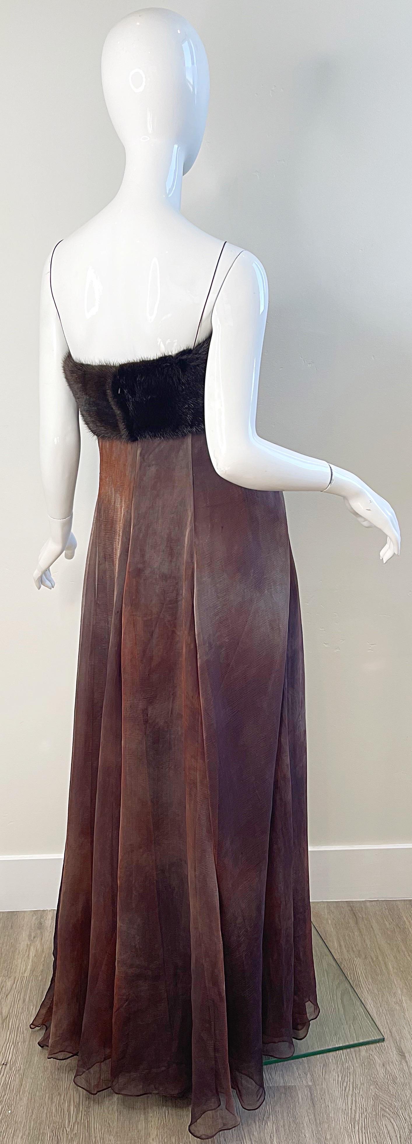 NWT 2000s Halston Brown Ombré Silk Chiffon Mink Trimmed Size 2 / 4 Y2K Gown  For Sale 9
