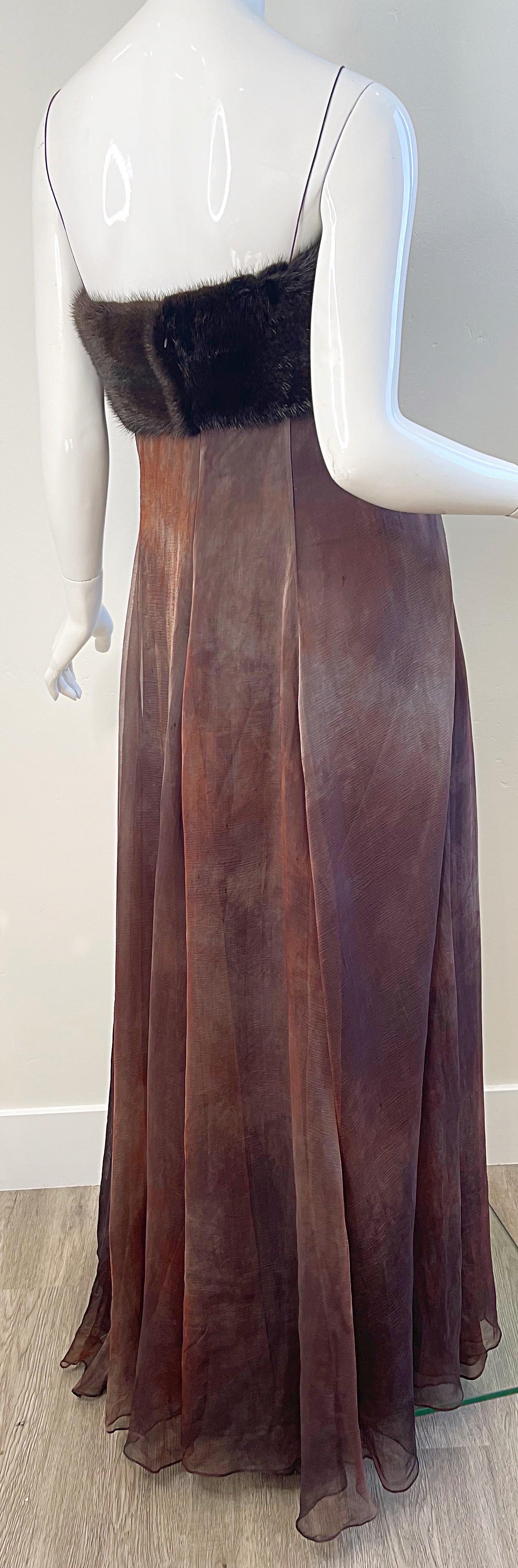 NWT 2000s Halston Brown Ombré Silk Chiffon Mink Trimmed Size 2 / 4 Y2K Gown  For Sale 10
