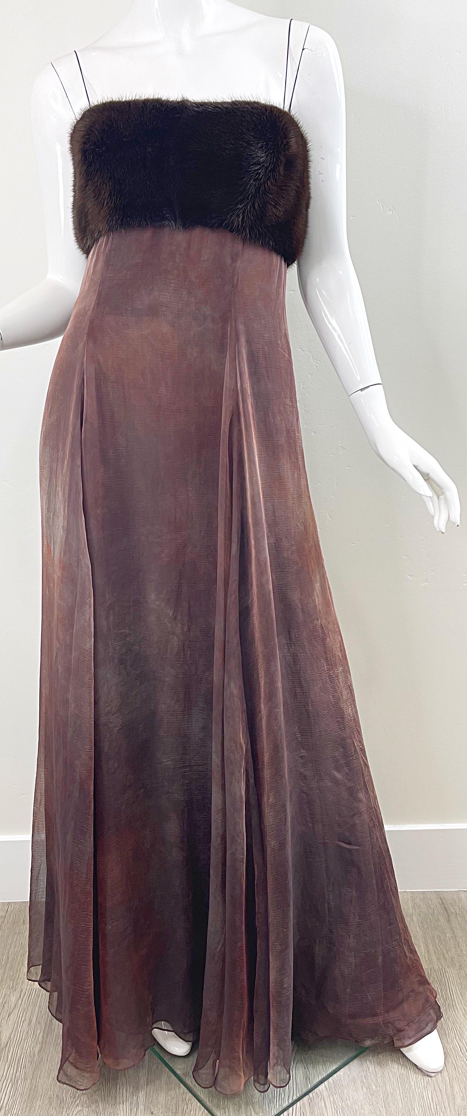 NWT 2000s Halston Brown Ombré Silk Chiffon Mink Trimmed Size 2 / 4 Y2K Gown  For Sale 11