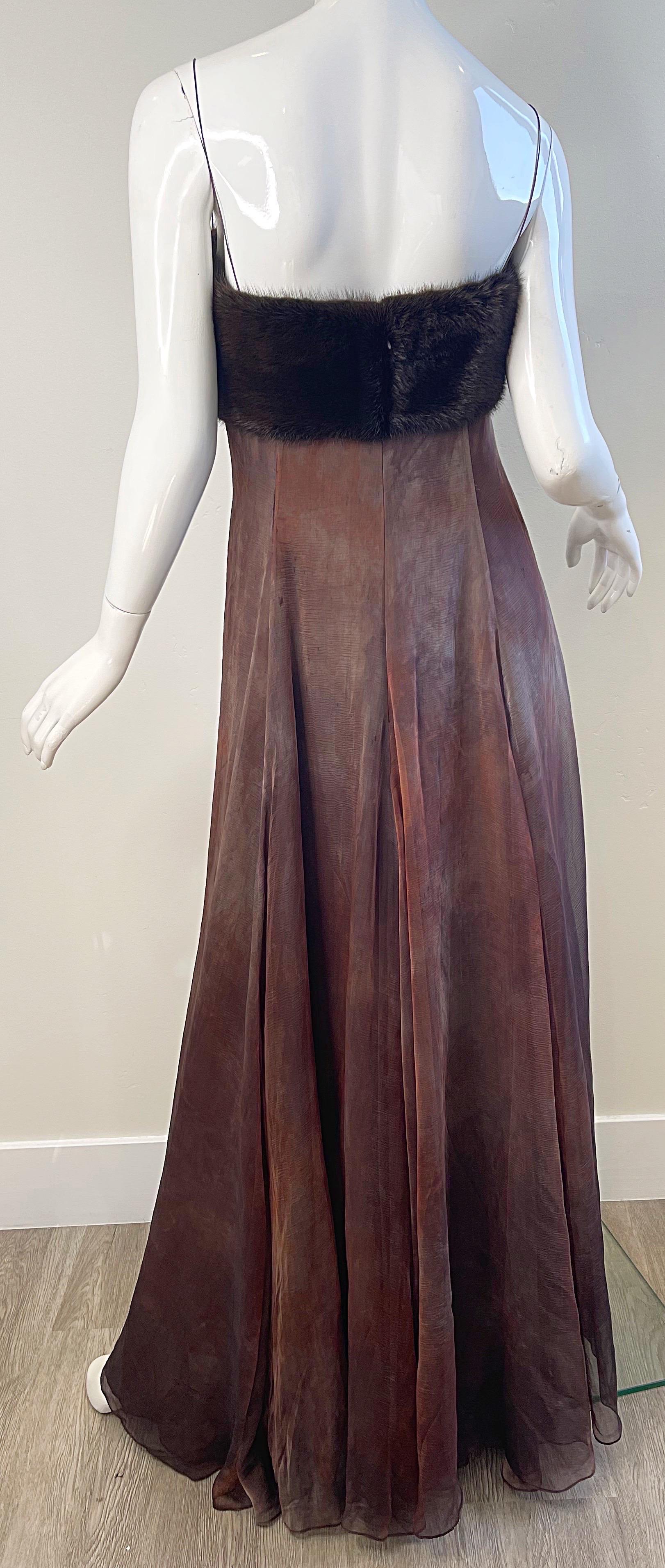 NWT 2000s Halston Brown Ombré Silk Chiffon Mink Trimmed Size 2 / 4 Y2K Gown  For Sale 13