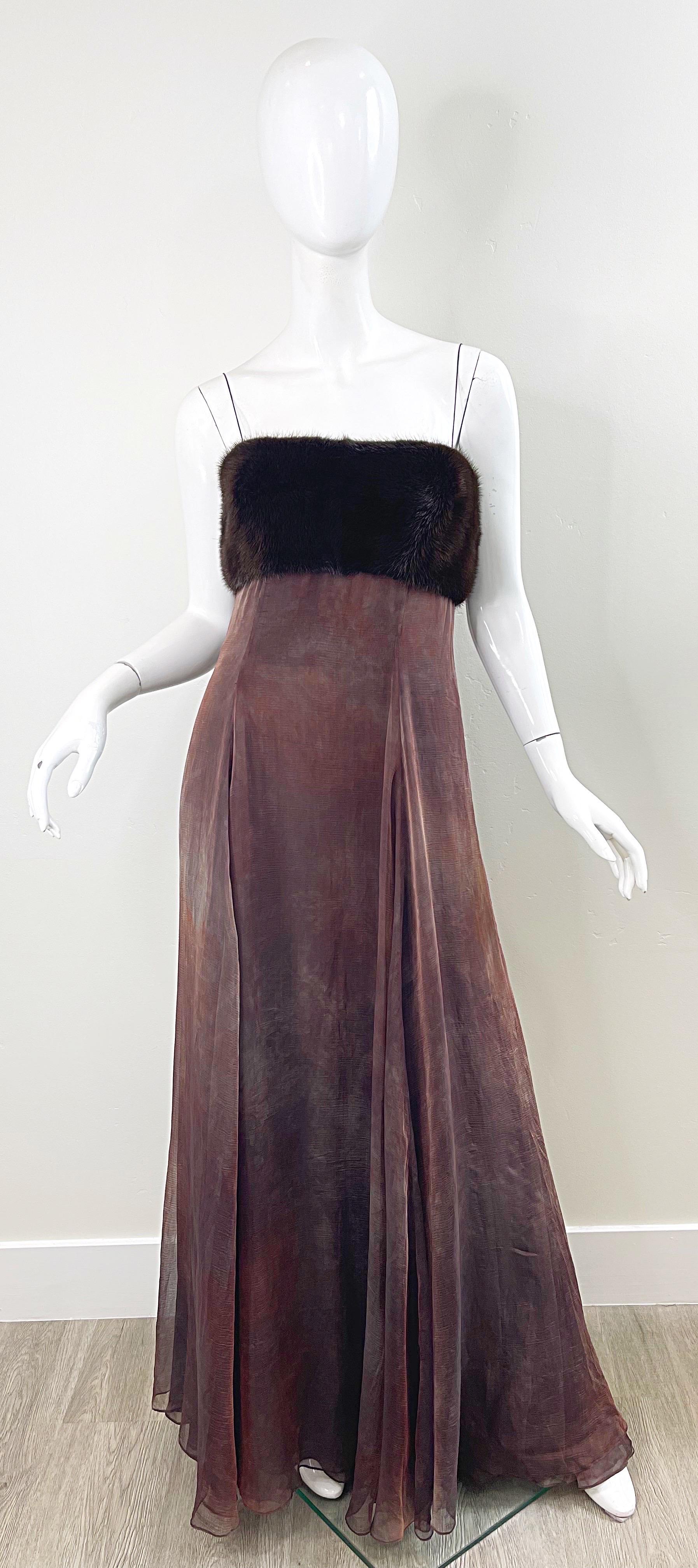 NWT 2000s Halston Brown Ombré Silk Chiffon Mink Trimmed Size 2 / 4 Y2K Gown  For Sale 14