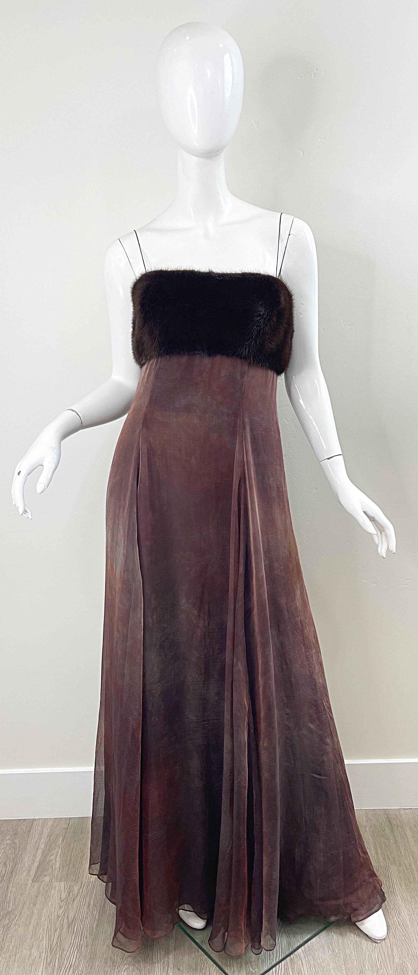 Stunning new with tags early 2000s HALSTON for SAKS 5th AVENUE, by Randolph Duke evening gown. Brown ombré silk chiffon trimmed in mink. This deadstock vintage dress features a flowing chiffon Grecian style silhouette with soft brown mink fur on the