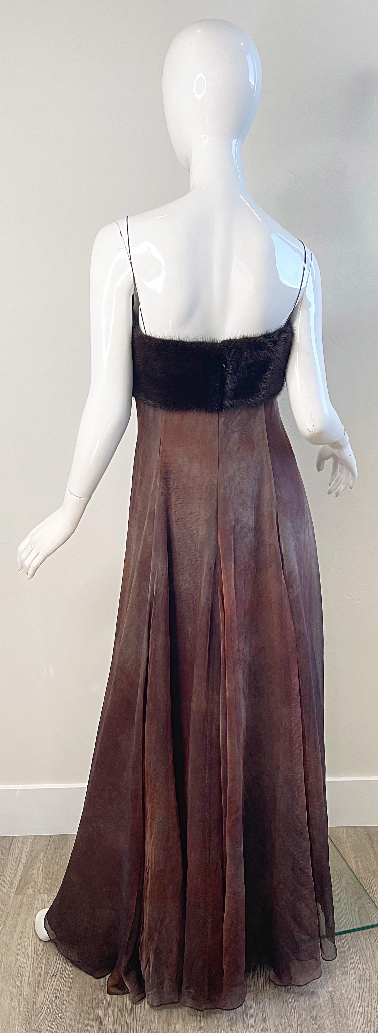 NWT 2000s Halston Brown Ombré Silk Chiffon Mink Trimmed Size 2 / 4 Y2K Gown  For Sale 2