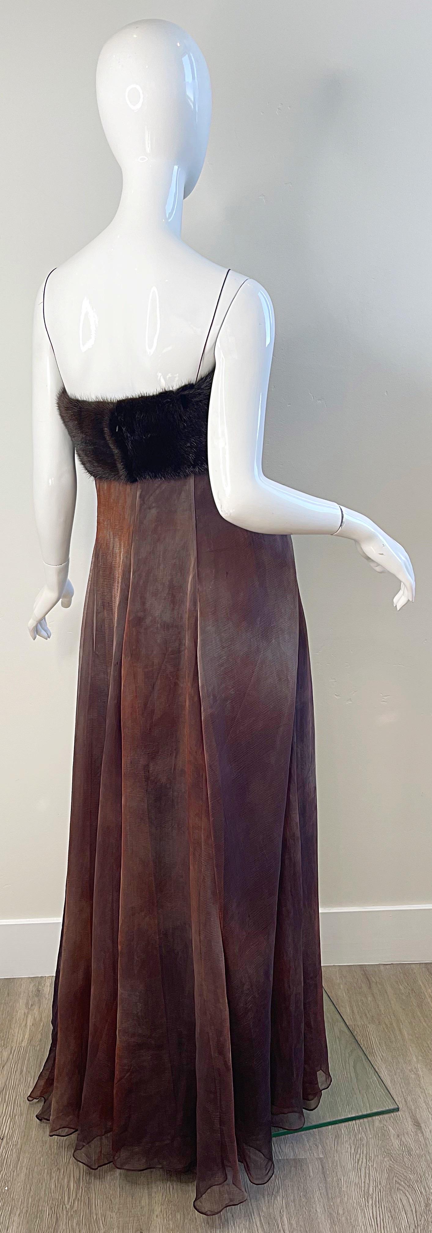 NWT 2000s Halston Brown Ombré Silk Chiffon Mink Trimmed Size 2 / 4 Y2K Gown  For Sale 3