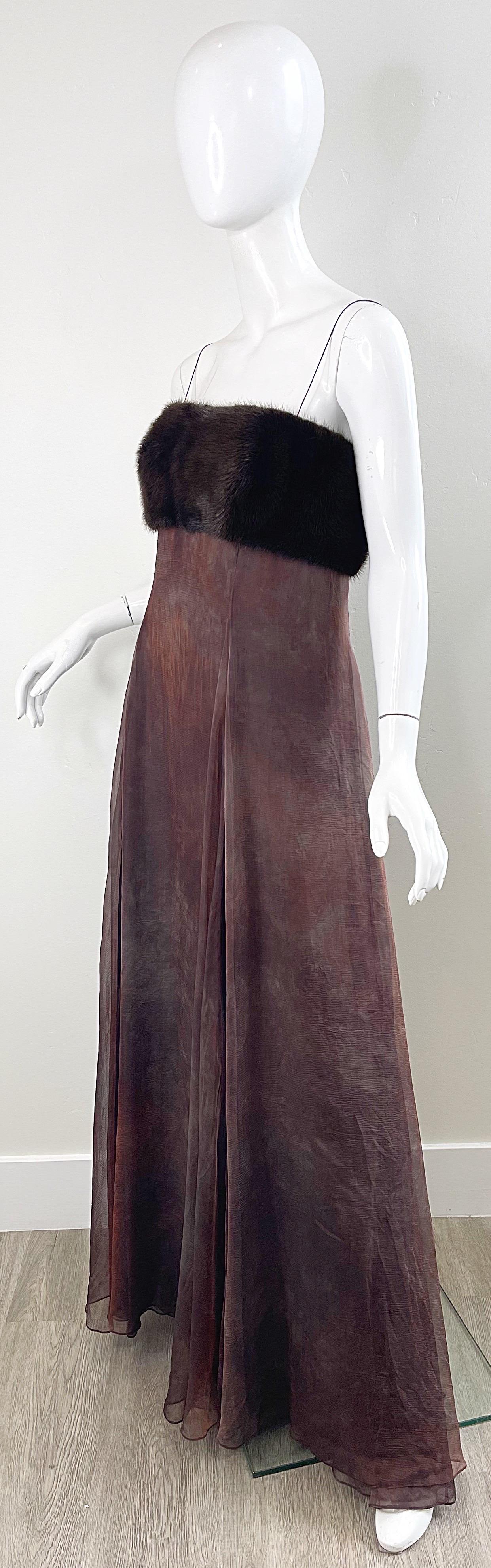 NWT 2000s Halston Brown Ombré Silk Chiffon Mink Trimmed Size 2 / 4 Y2K Gown  For Sale 4