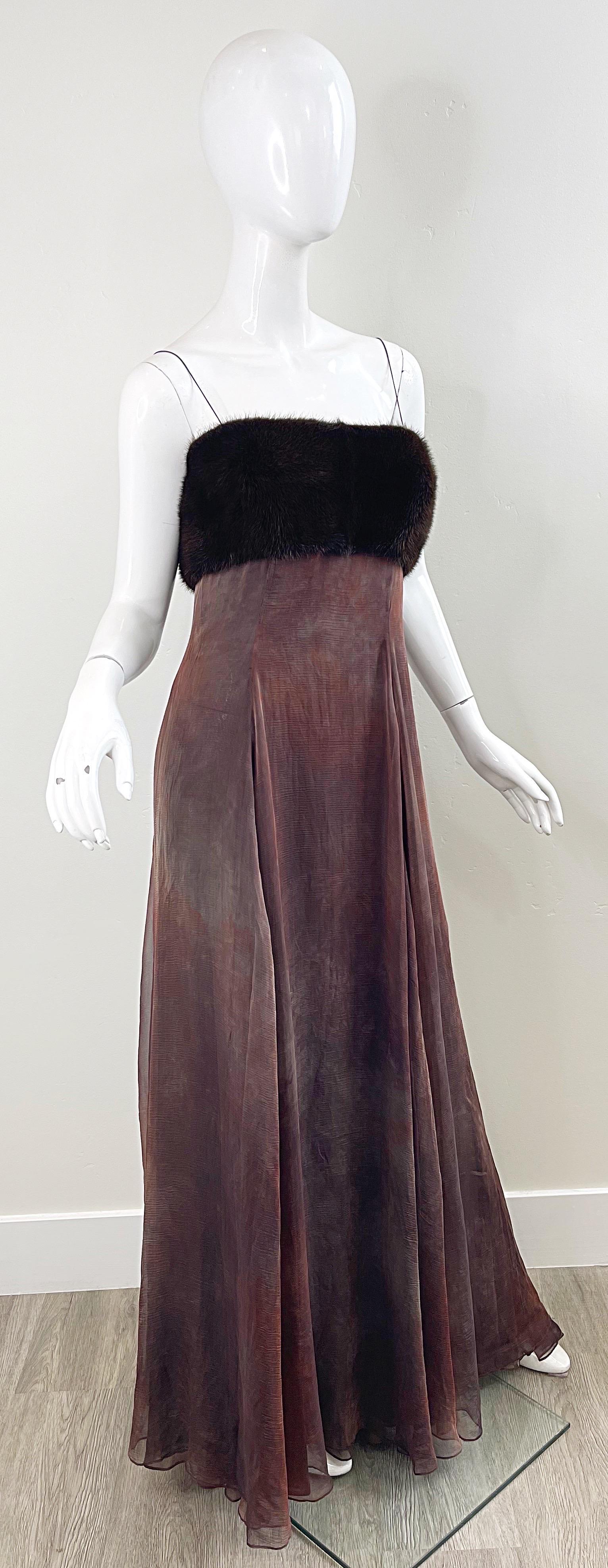 NWT 2000s Halston Brown Ombré Silk Chiffon Mink Trimmed Size 2 / 4 Y2K Gown  For Sale 5