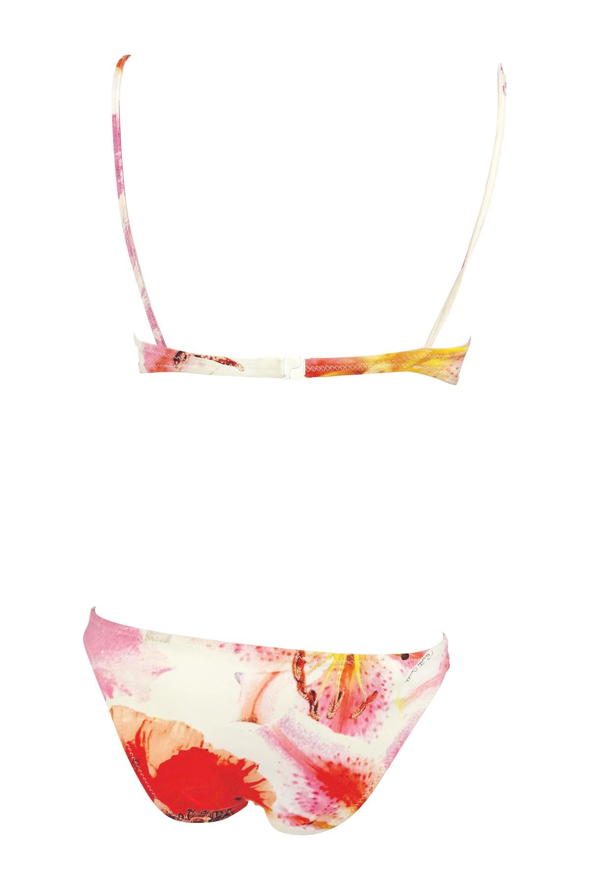 Women's NWT 2000s Roberto Cavalli Pink Floral White Bikini Swimsuit Set
