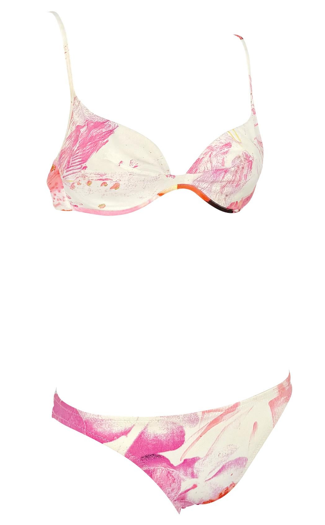 NWT 2000s Roberto Cavalli Pink Floral White Bikini Swimsuit Set 2