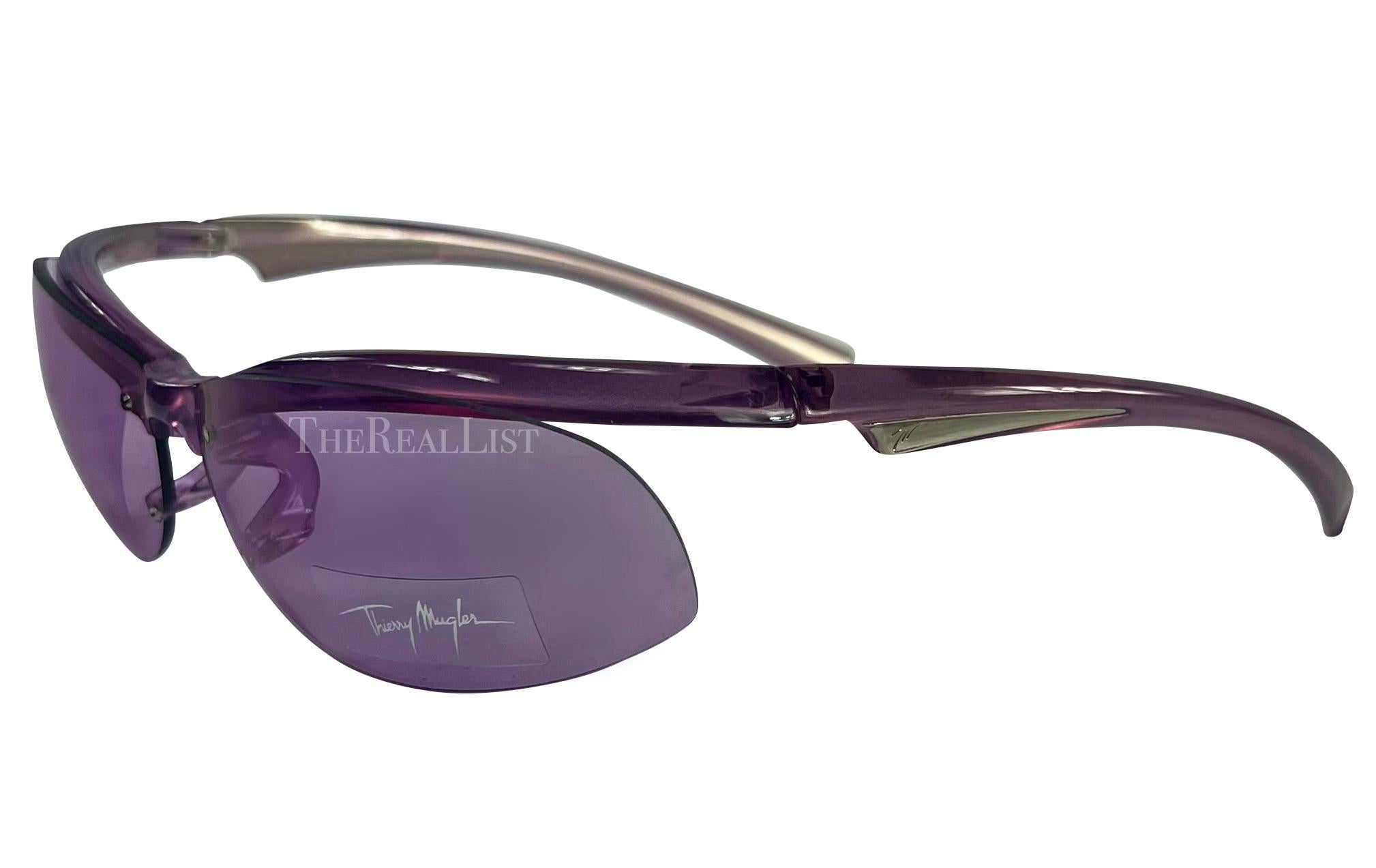 NWT 2000s Thierry Mugler Transparent Purple Metallic Sport Sunglasses In Excellent Condition For Sale In West Hollywood, CA