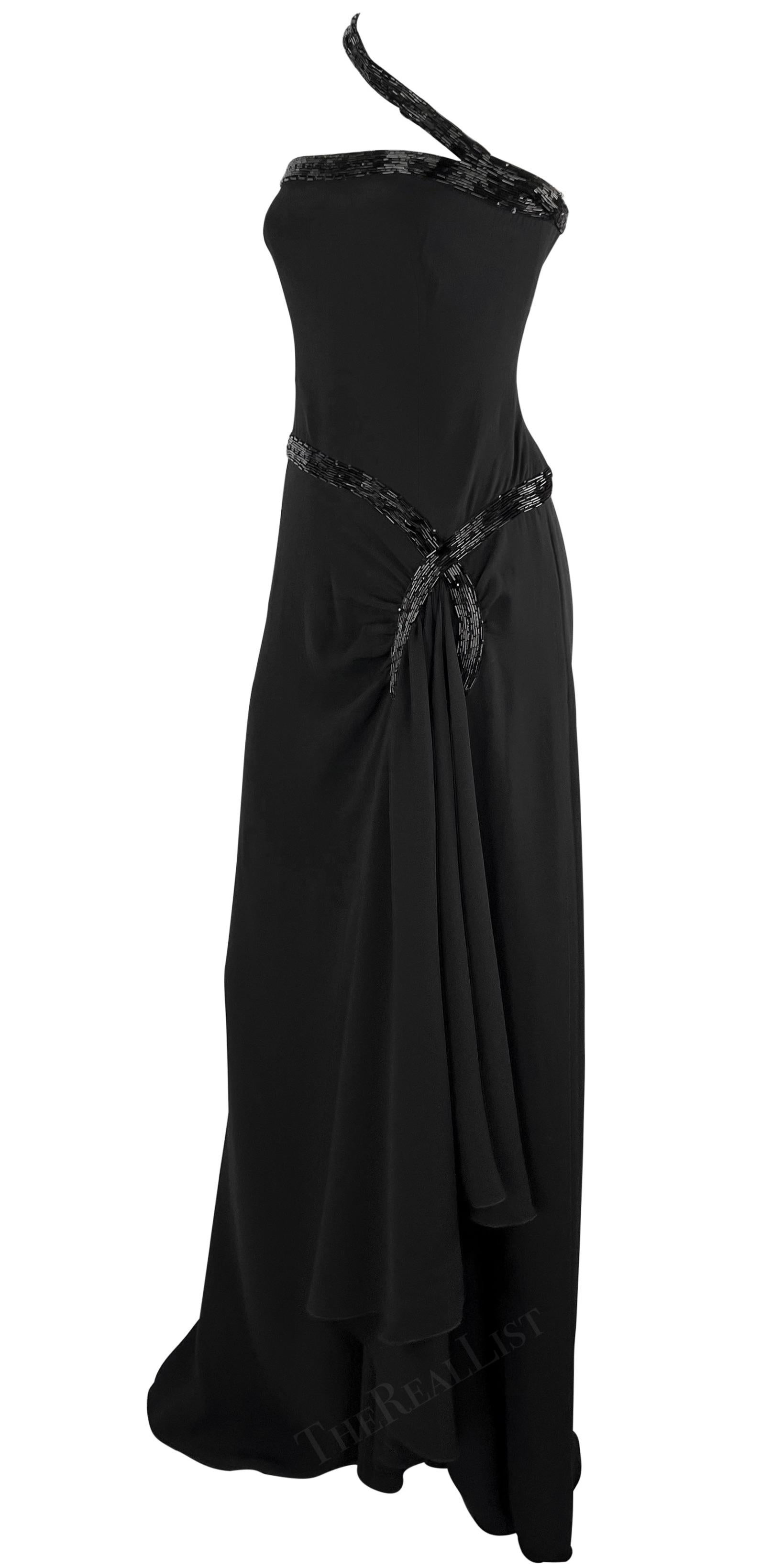 NWT 2000s Valentino Black Beaded Asymmetric Strap Silk Chiffon Gown  In Excellent Condition For Sale In West Hollywood, CA