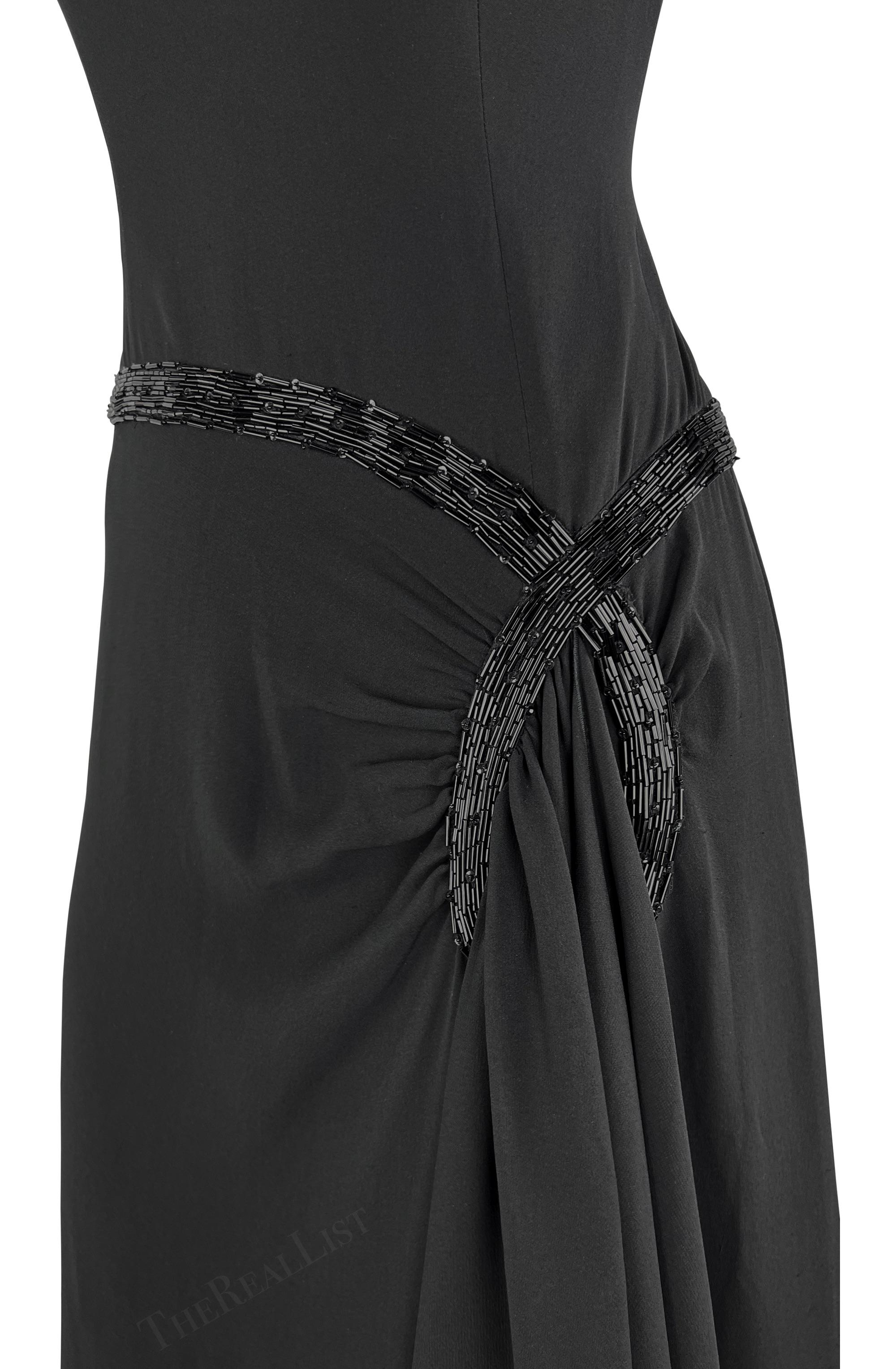 Women's NWT 2000s Valentino Black Beaded Asymmetric Strap Silk Chiffon Gown  For Sale
