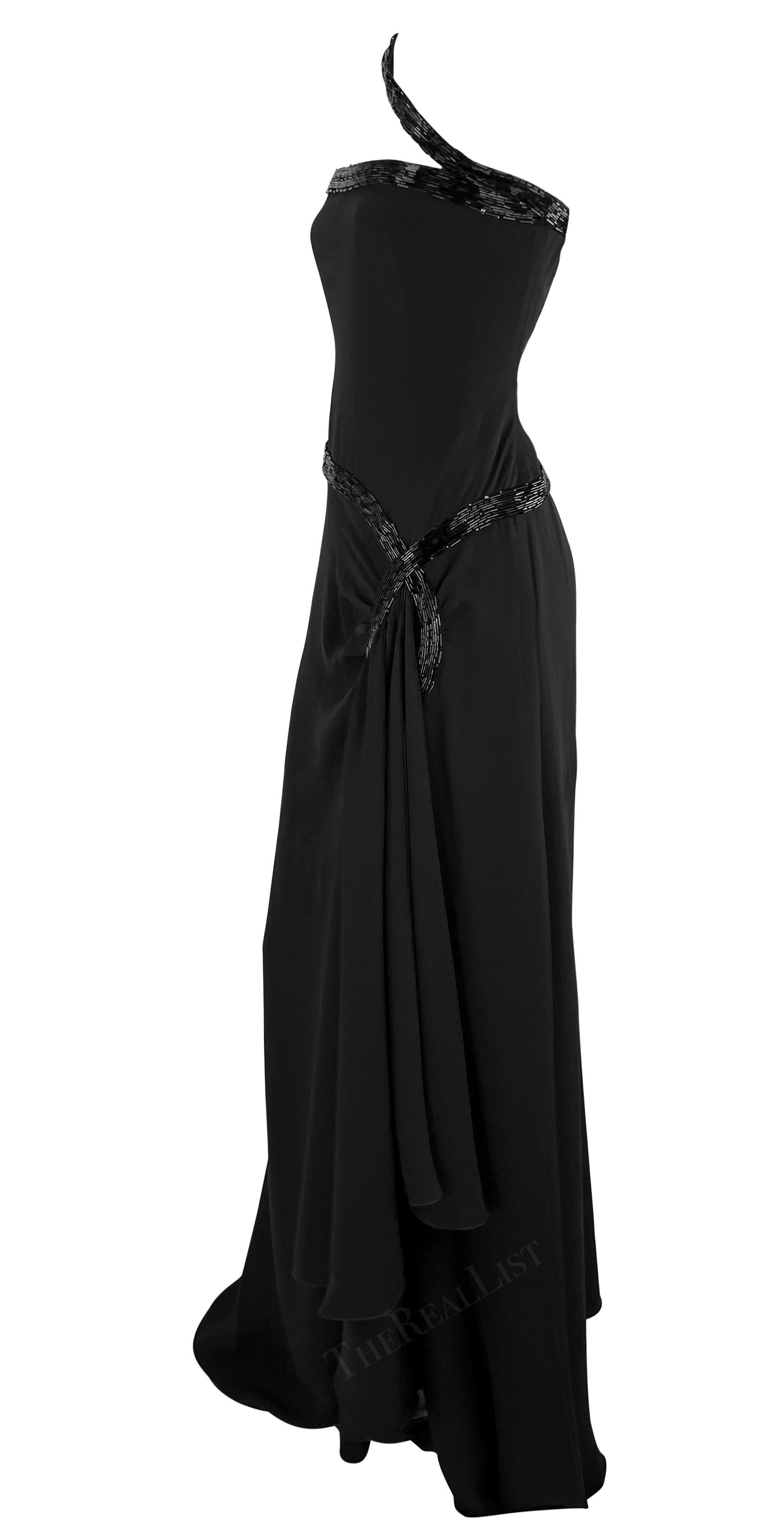 NWT 2000s Valentino Black Beaded Asymmetric Strap Silk Chiffon Gown  en vente 1