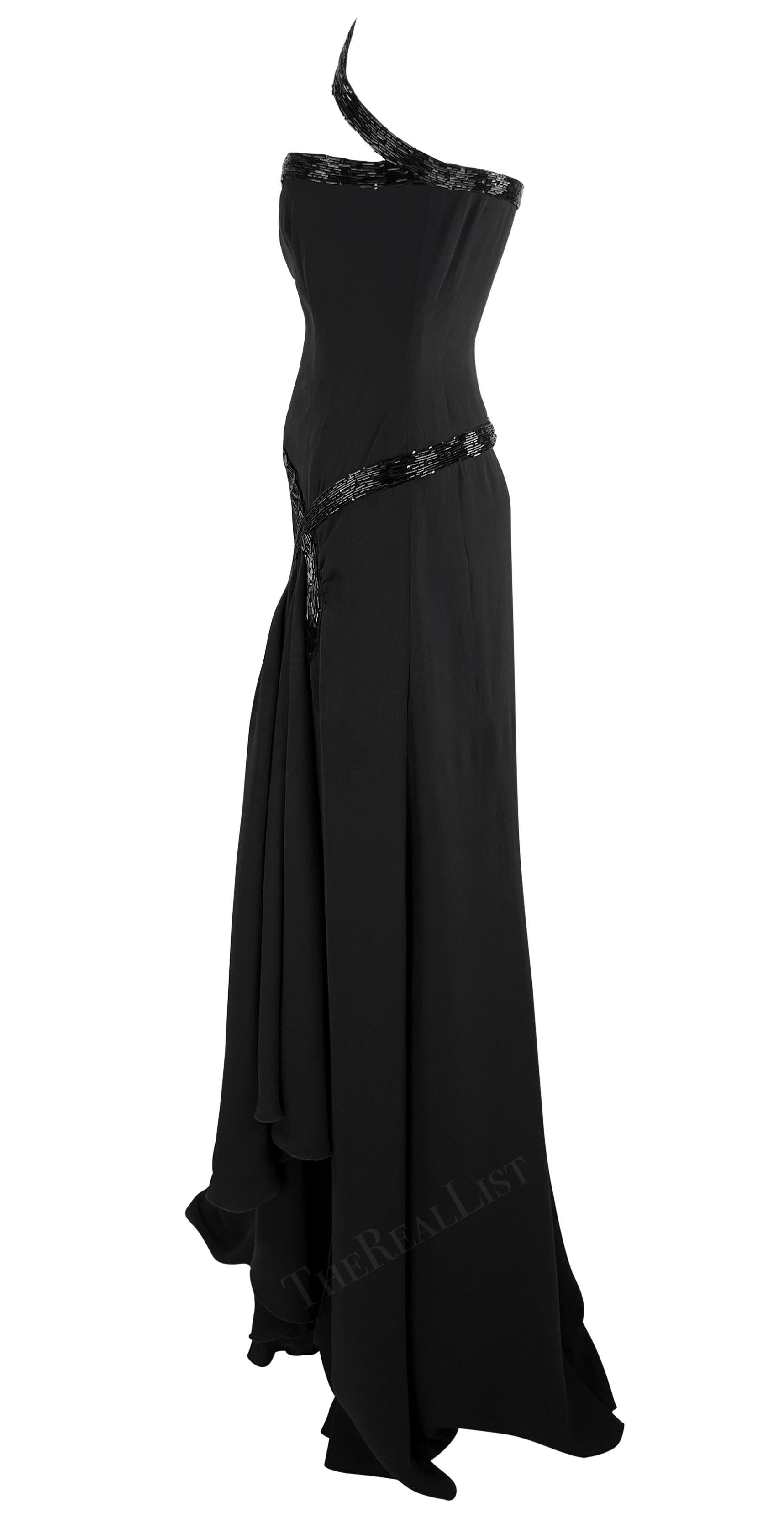 NWT 2000s Valentino Black Beaded Asymmetric Strap Silk Chiffon Gown  For Sale 2