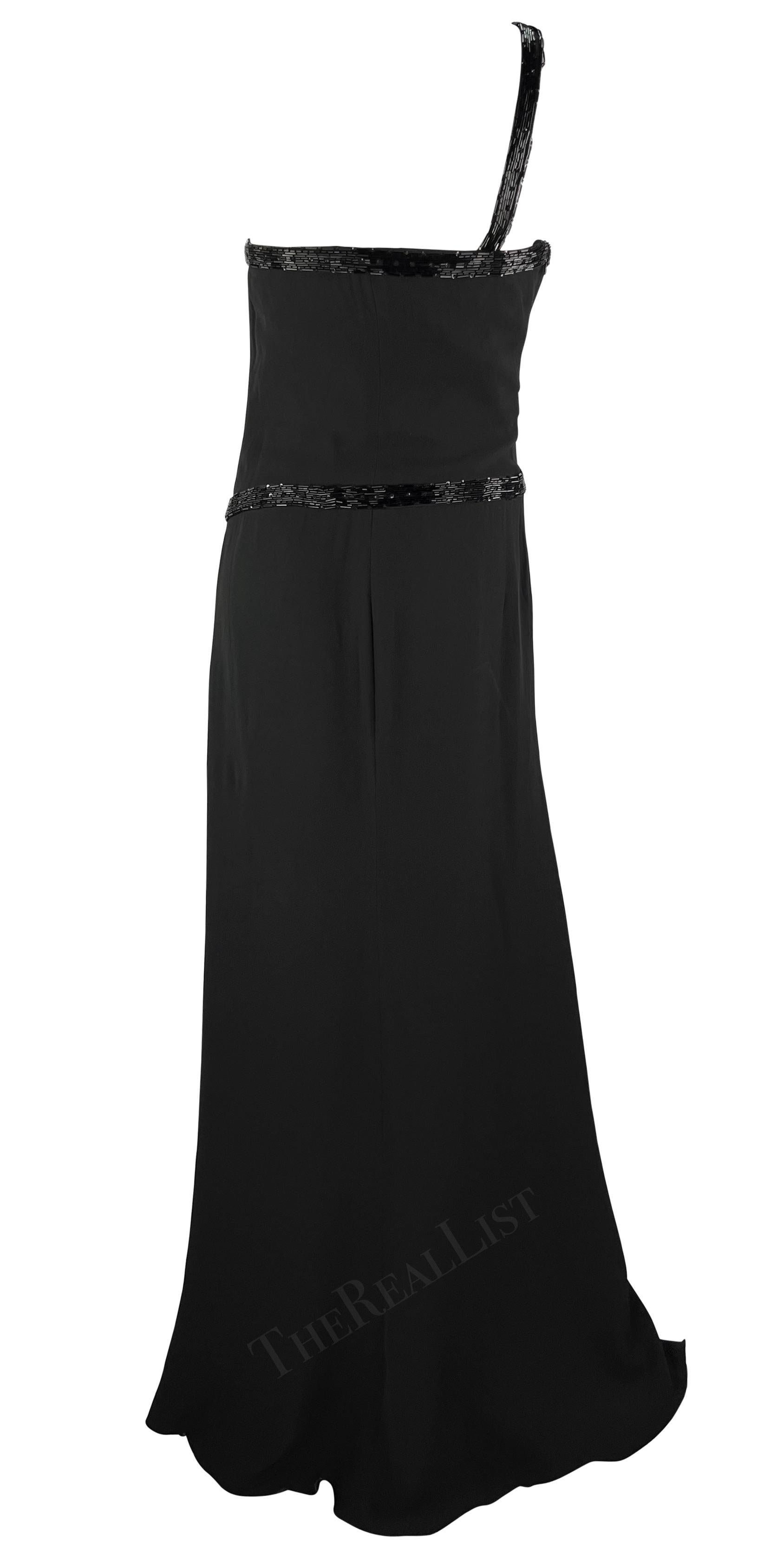 NWT 2000s Valentino Black Beaded Asymmetric Strap Silk Chiffon Gown  en vente 3