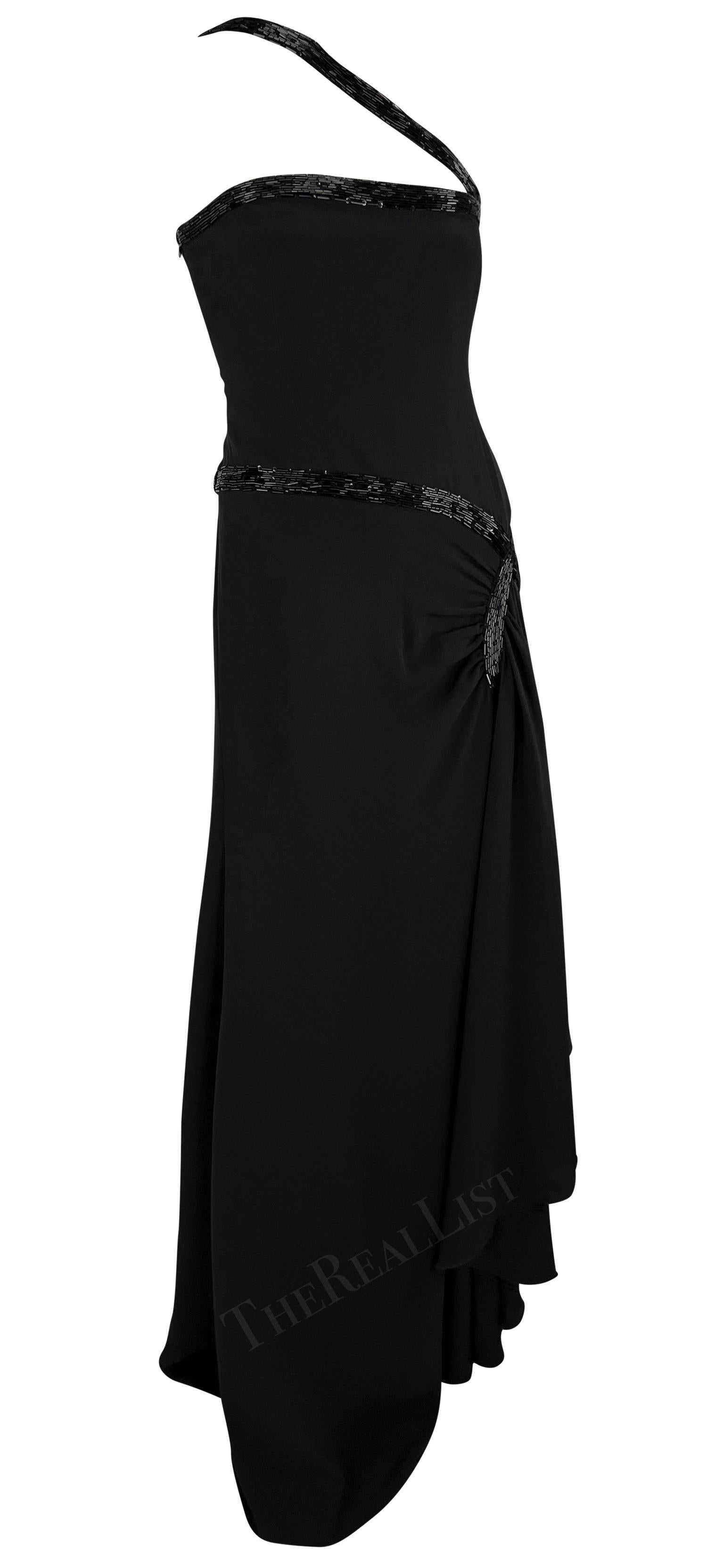 NWT 2000s Valentino Black Beaded Asymmetric Strap Silk Chiffon Gown  For Sale 4