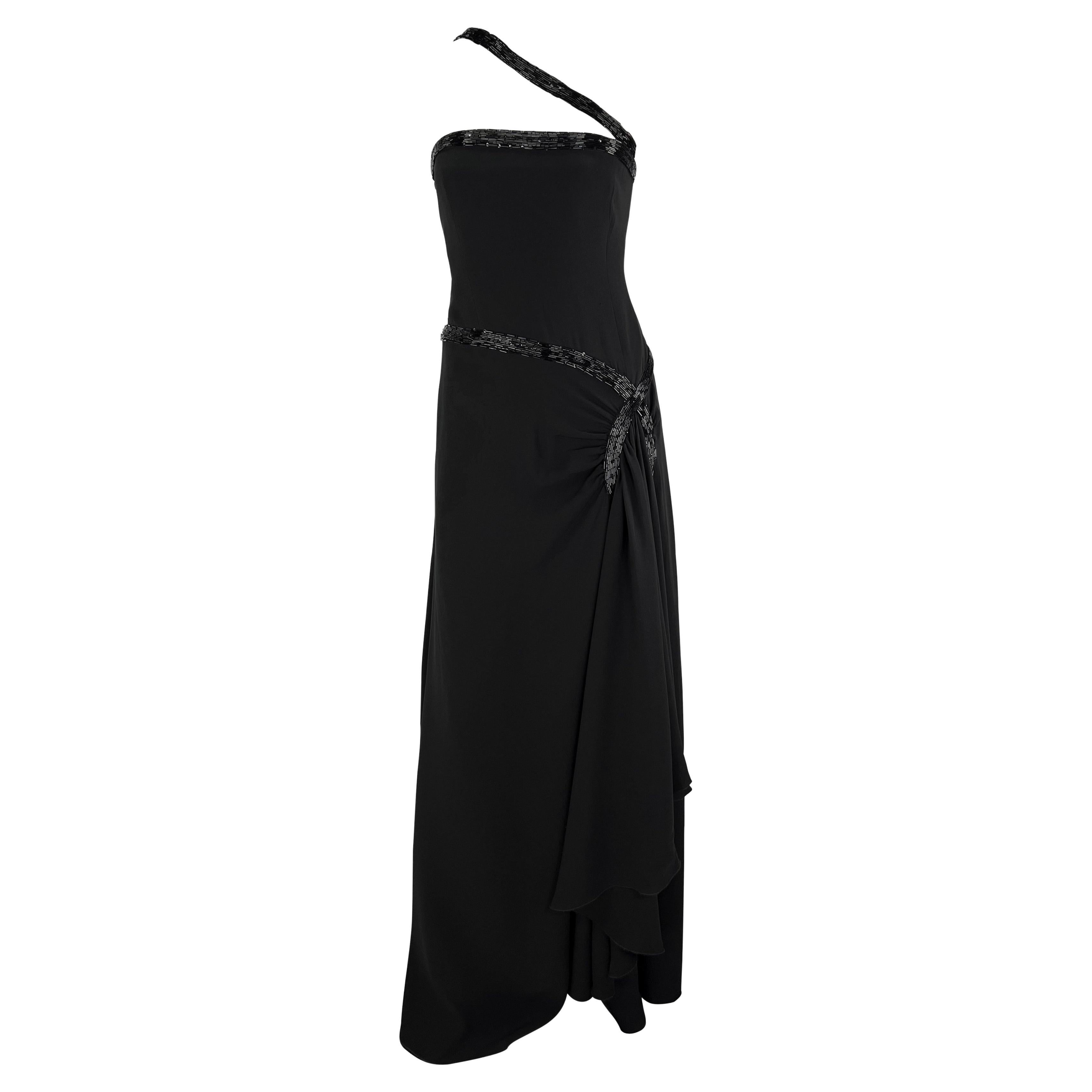 NWT 2000s Valentino Black Beaded Asymmetric Strap Silk Chiffon Gown  For Sale