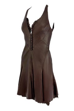 NWT 2004 Roberto Cavalli Chocolate Brown Leather Backless Flare Mini Dress