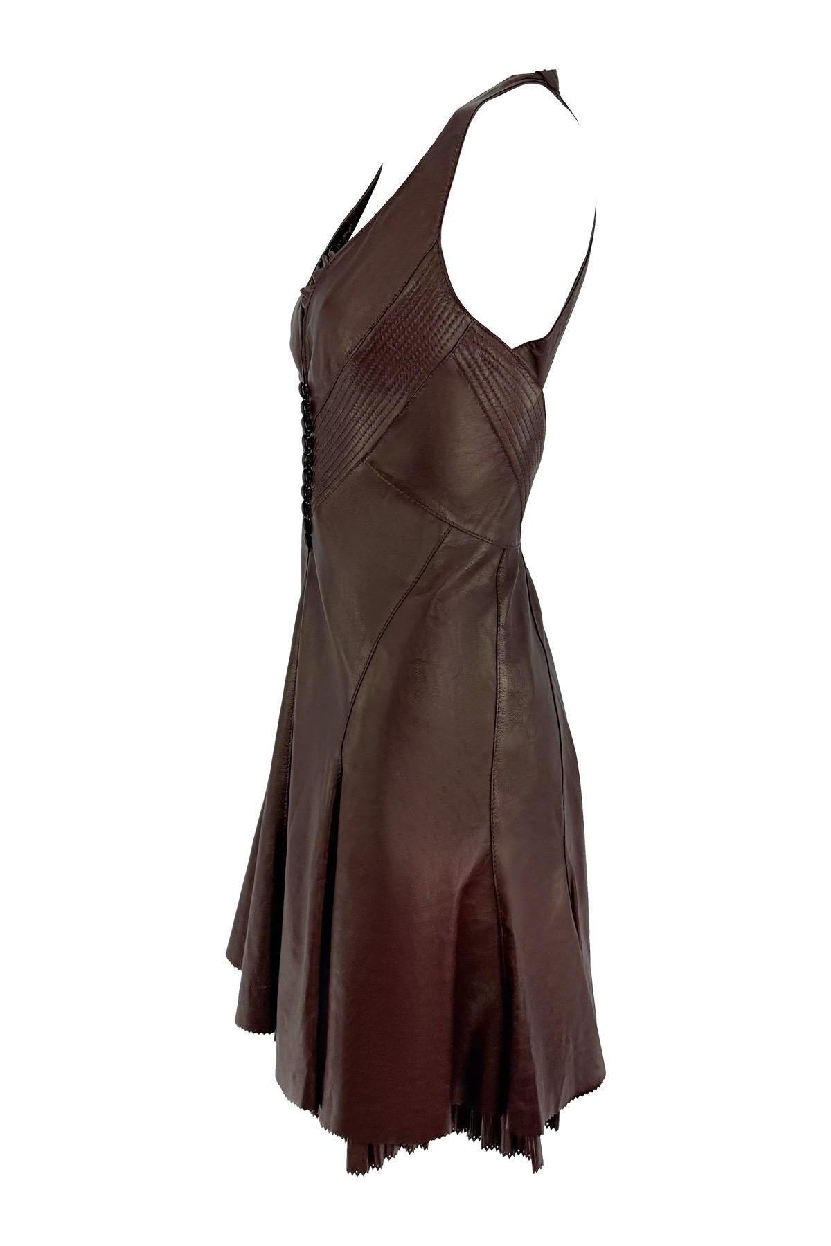 NWT 2004 Roberto Cavalli Chocolate Brown Leather Backless Flare Mini Dress In Excellent Condition For Sale In West Hollywood, CA