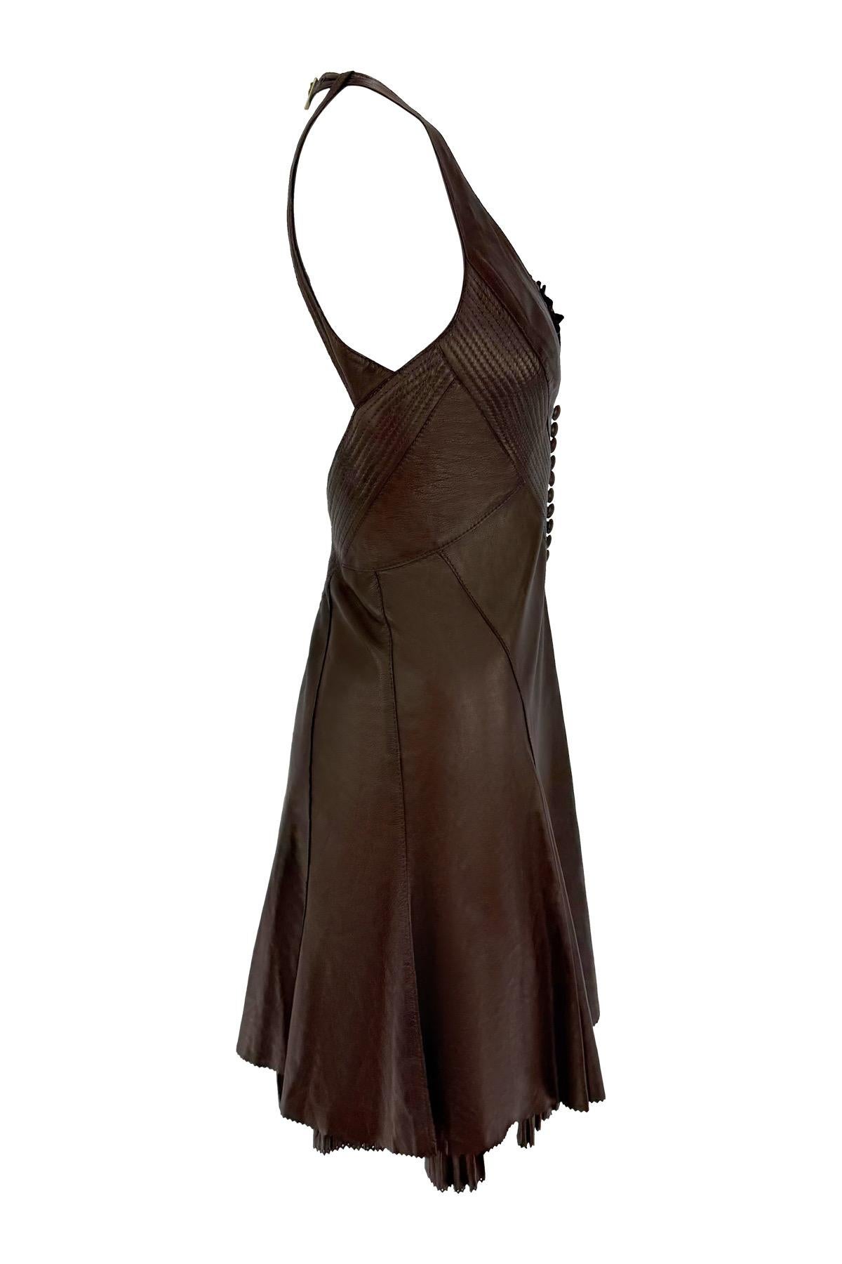 NWT 2004 Roberto Cavalli Chocolate Brown Leather Backless Flare Mini Dress For Sale 1