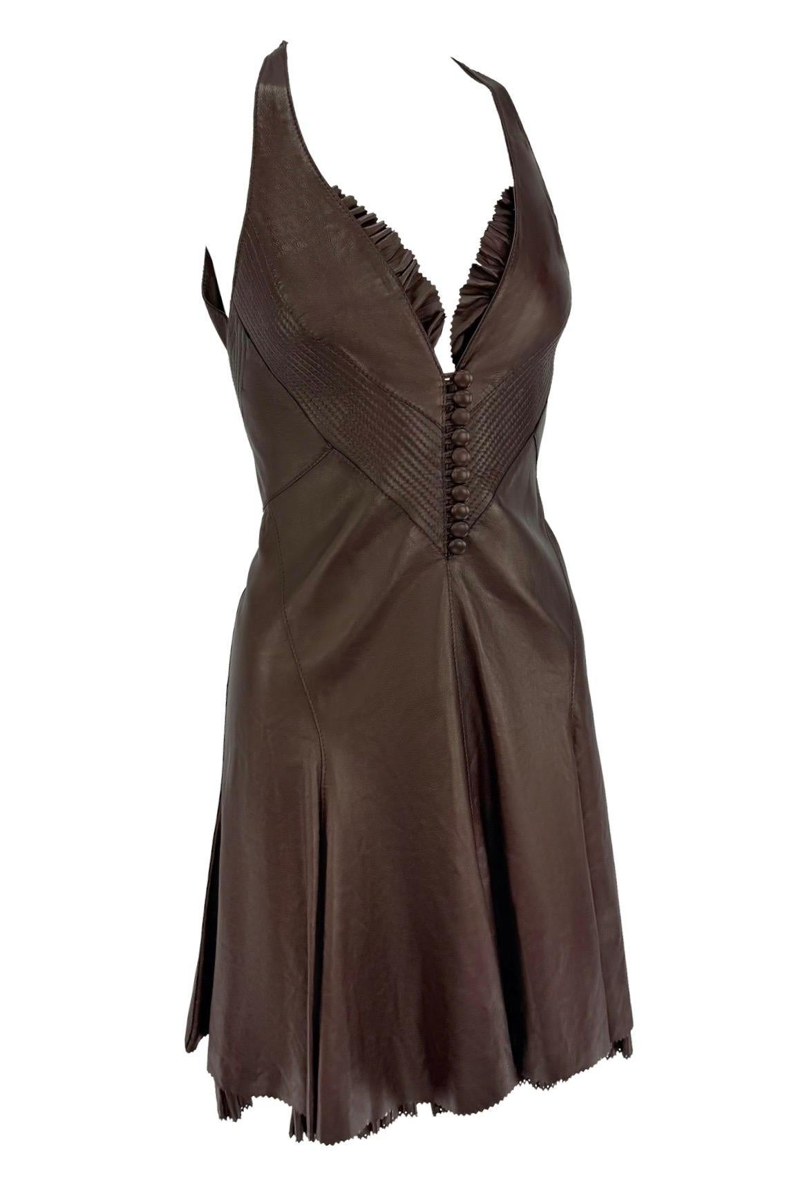 NWT 2004 Roberto Cavalli Chocolate Brown Leather Backless Flare Mini Dress For Sale 2