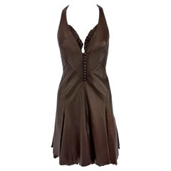 NWT 2004 Roberto Cavalli Chocolate Brown Leather Backless Flare Mini Dress