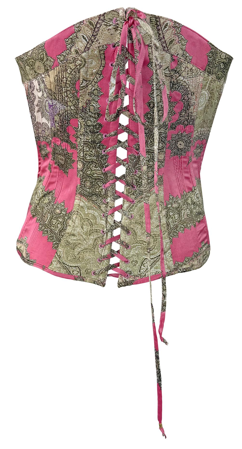 NEU 2004 Roberto Cavalli Rosa Print Korsett-Bustier-Top mit Schnürung und Schnürung im Zustand „Hervorragend“ im Angebot in West Hollywood, CA