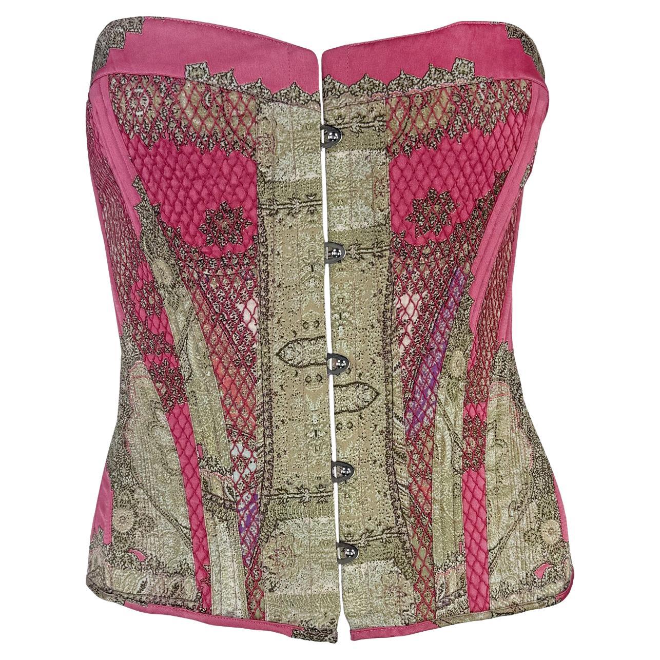 NEU 2004 Roberto Cavalli Rosa Print Korsett-Bustier-Top mit Schnürung und Schnürung im Angebot
