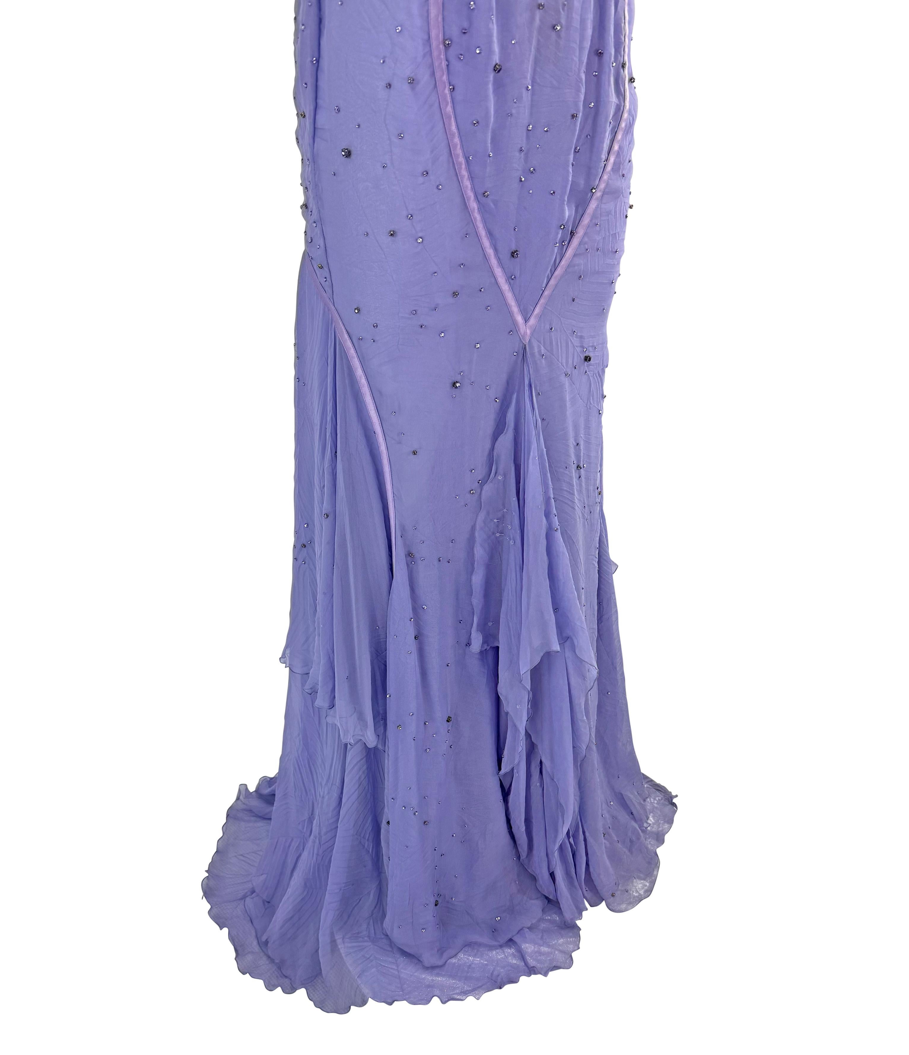 NWT 2005 Versace by Donatella Rhinestone Medusa Backless Lavender Chiffon Gown For Sale 5