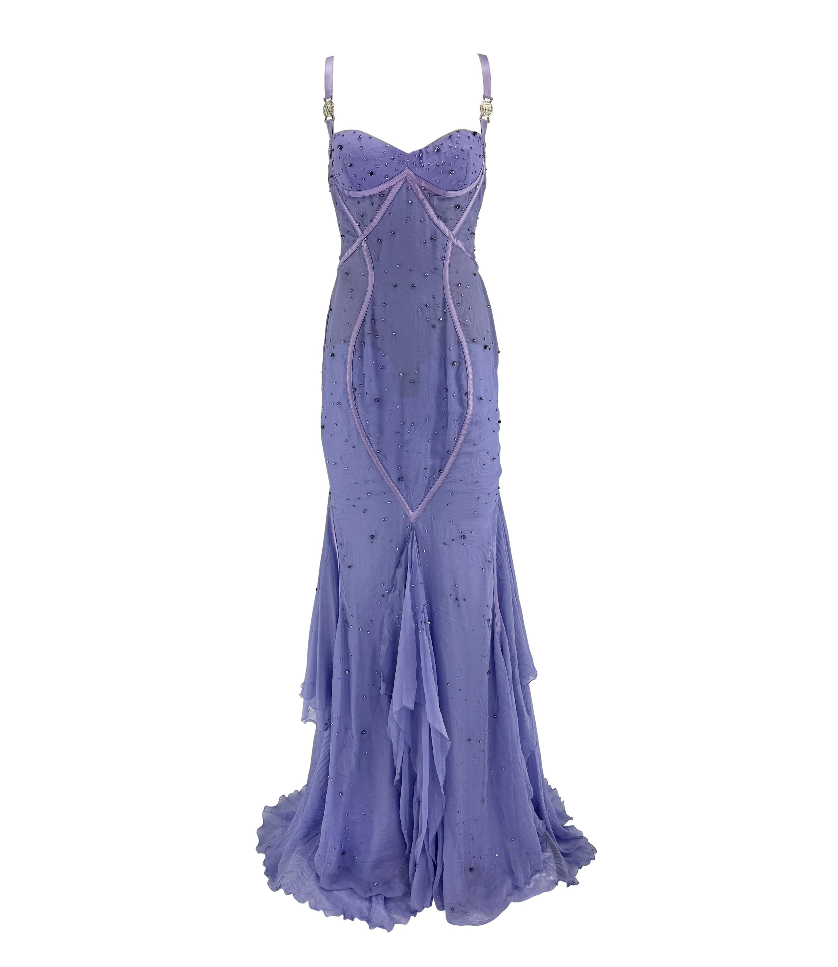 Purple NWT 2005 Versace by Donatella Rhinestone Medusa Backless Lavender Chiffon Gown For Sale