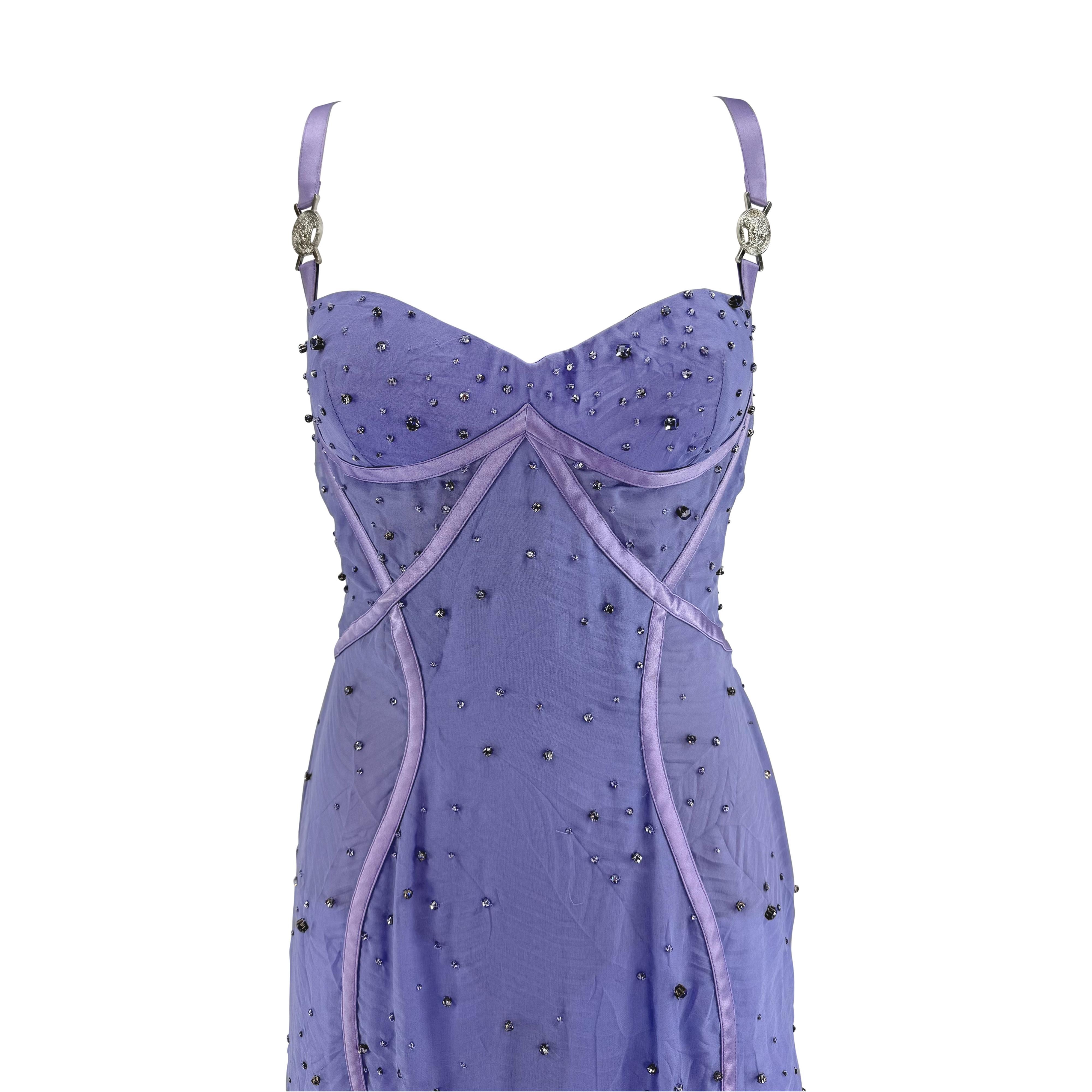 NWT 2005 Versace by Donatella Rhinestone Medusa Backless Lavender Chiffon Gown In Excellent Condition For Sale In West Hollywood, CA
