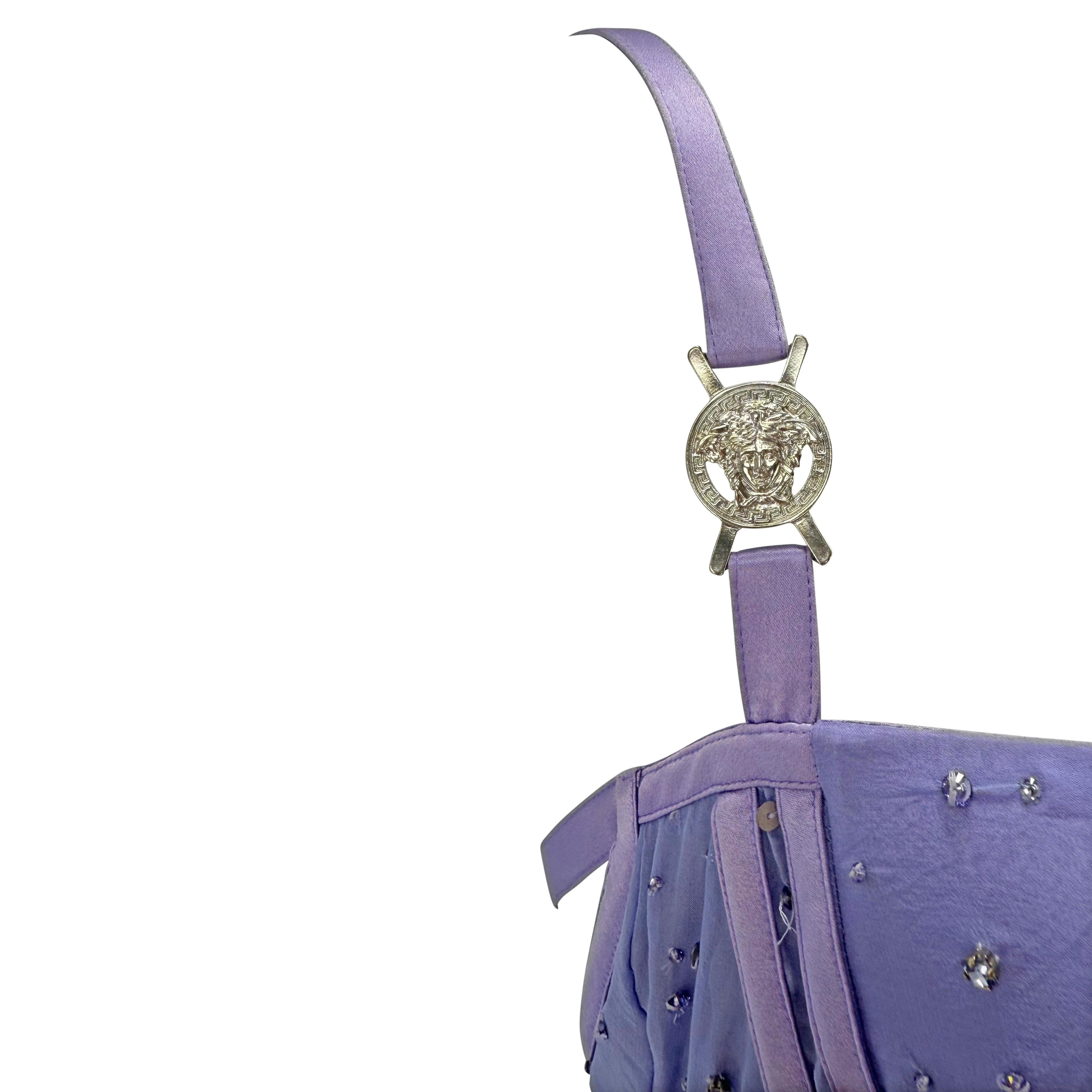 Women's NWT 2005 Versace by Donatella Rhinestone Medusa Backless Lavender Chiffon Gown For Sale