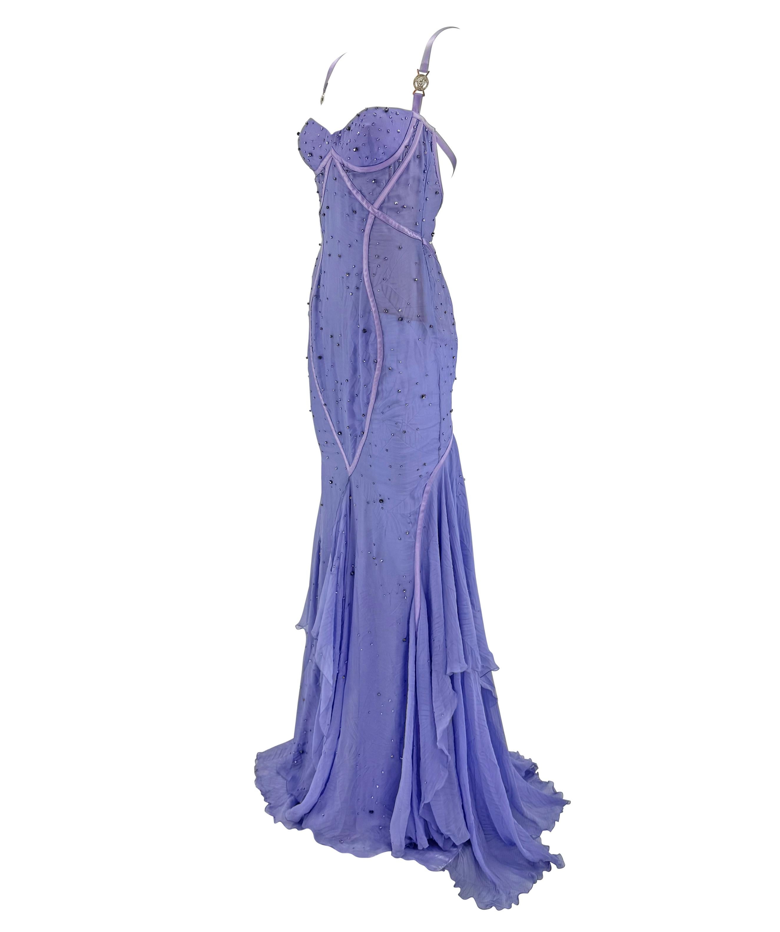 NWT 2005 Versace by Donatella Rhinestone Medusa Backless Lavender Chiffon Gown For Sale 1