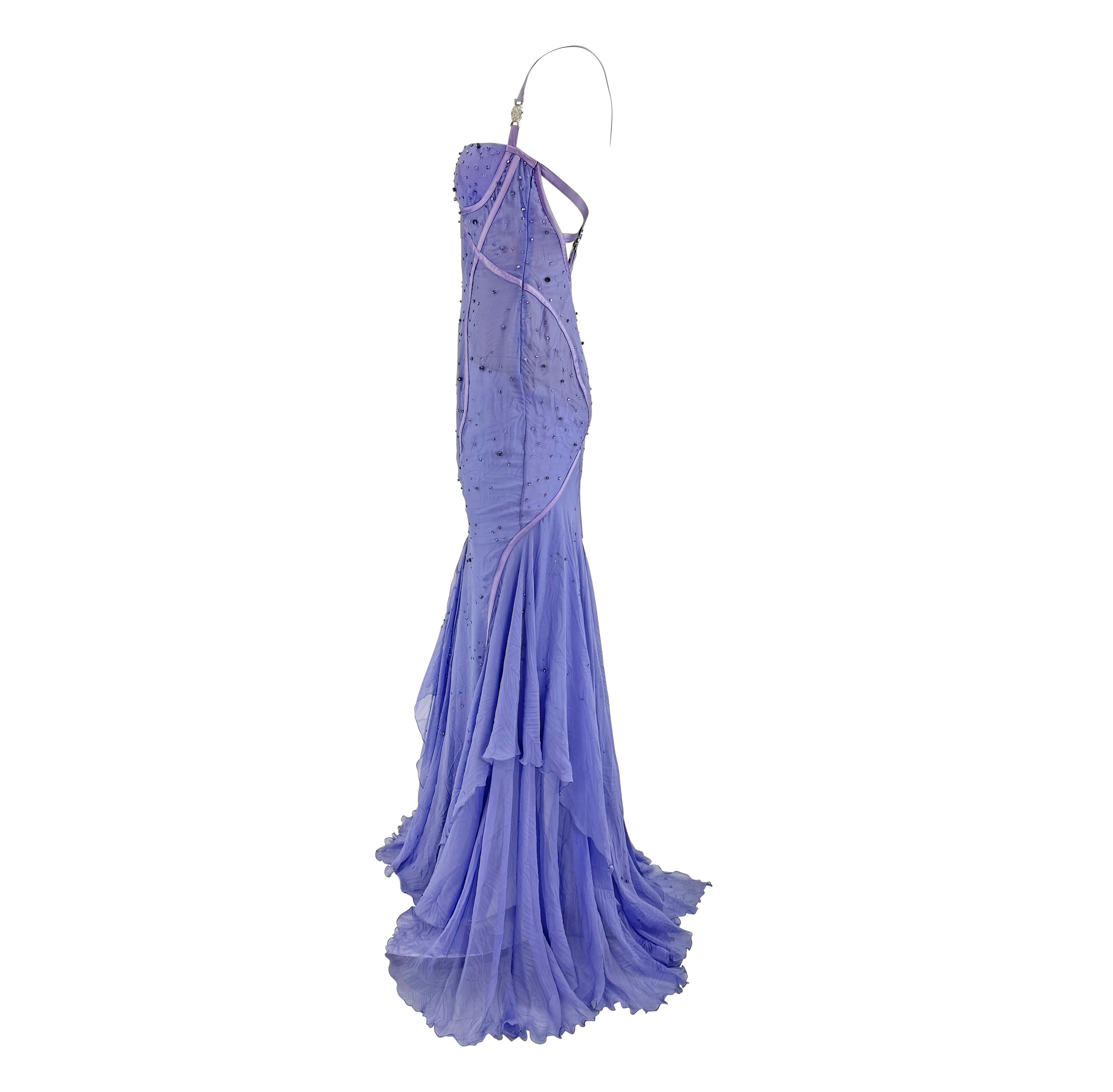 NWT 2005 Versace by Donatella Rhinestone Medusa Backless Lavender Chiffon Gown For Sale 2